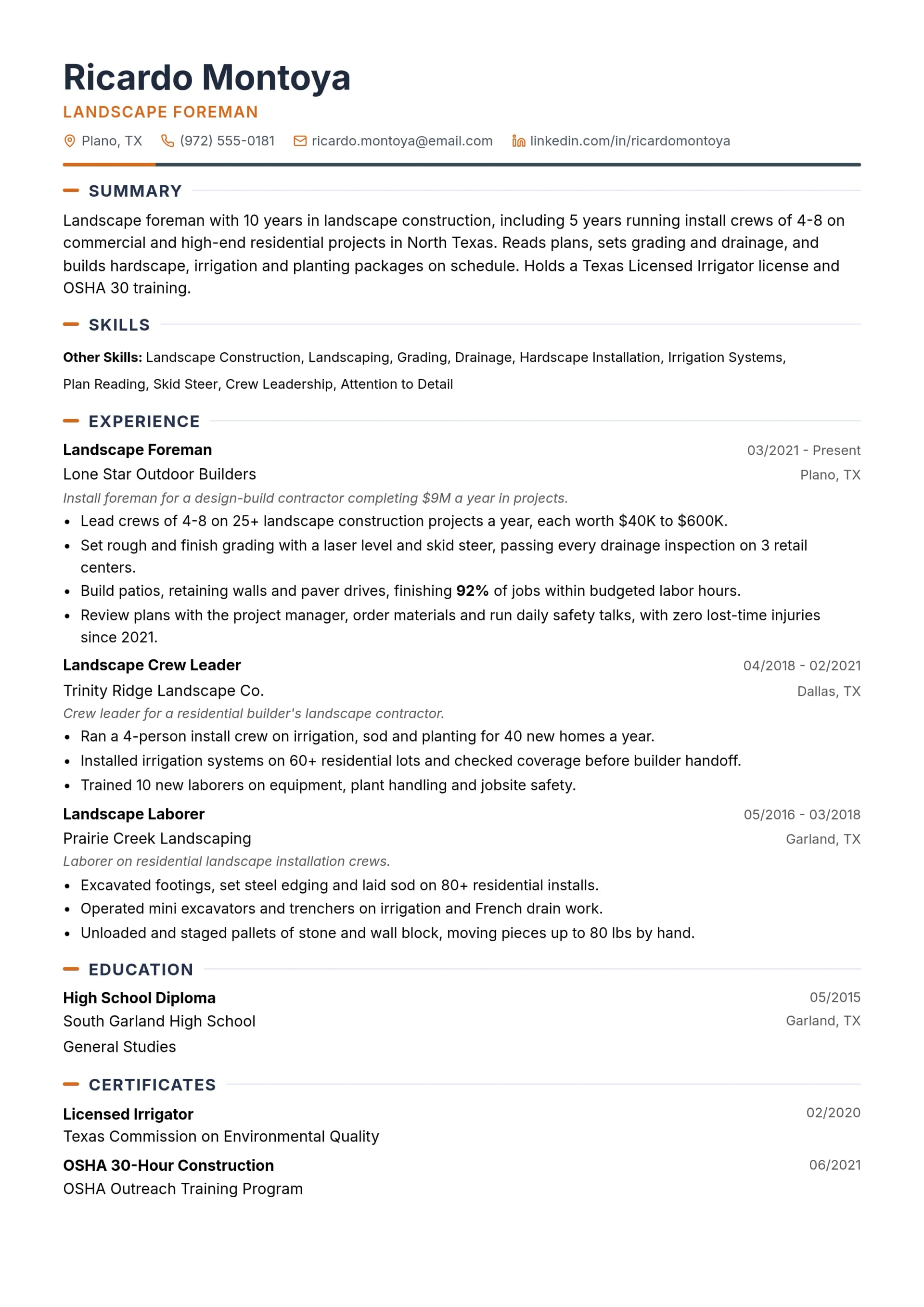 Landscape Foreman resume example