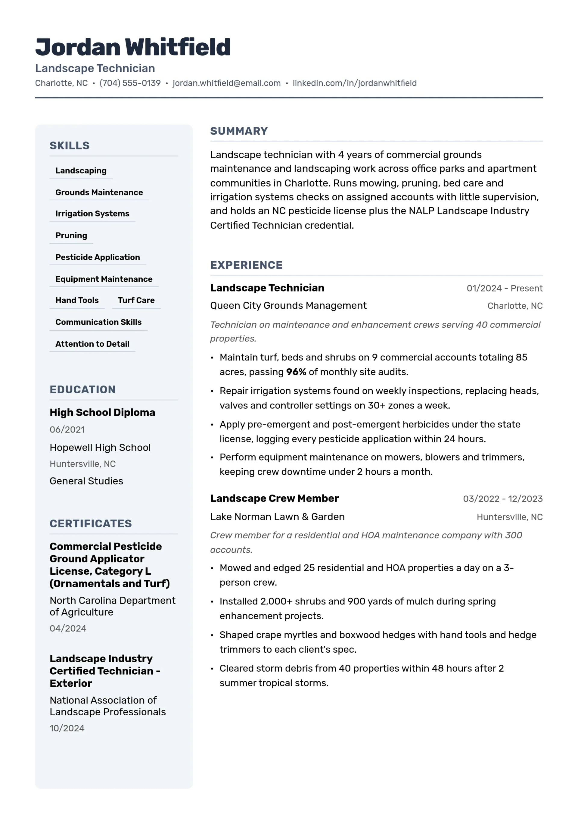 Landscape Technician resume example