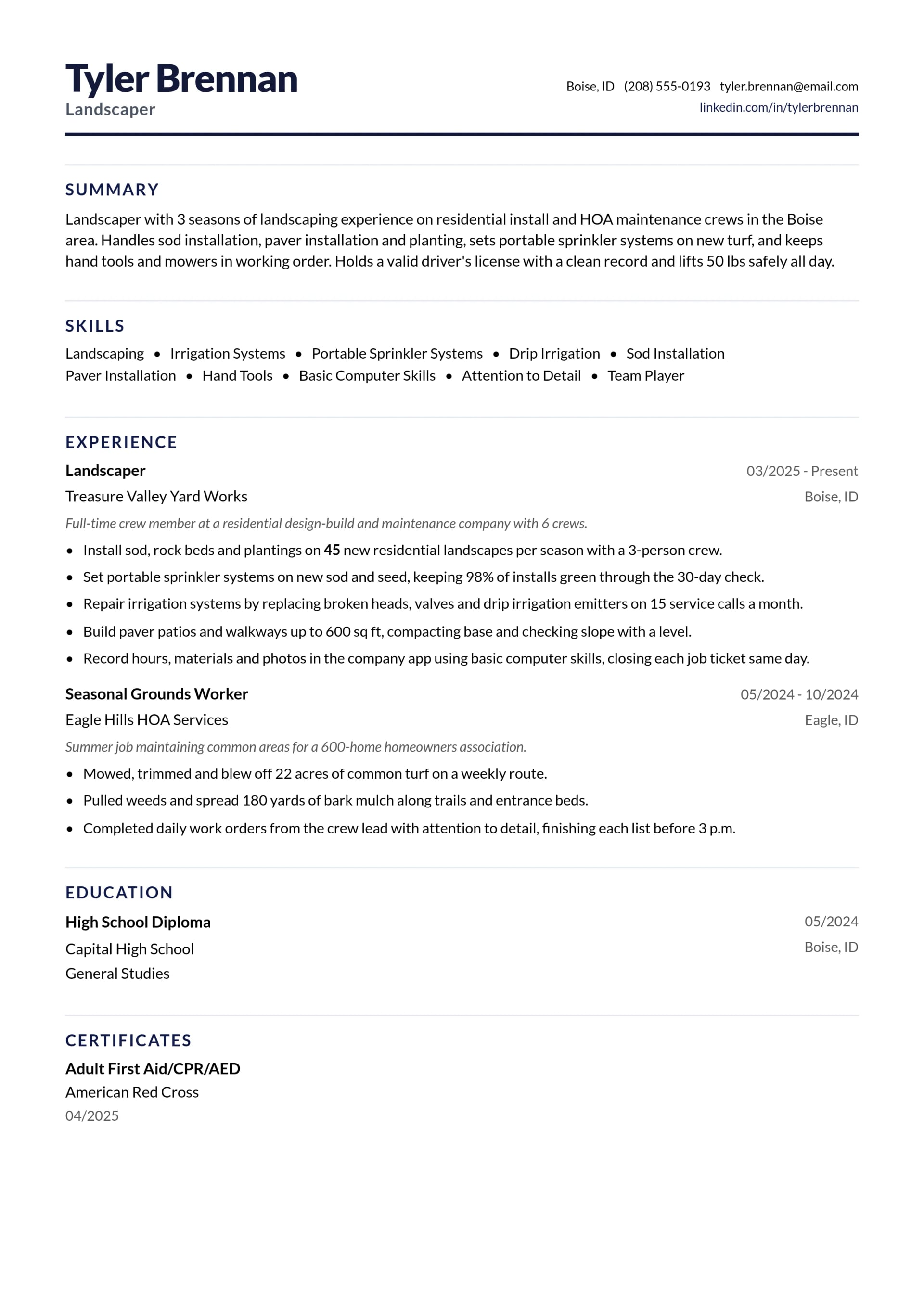 Landscaper resume example