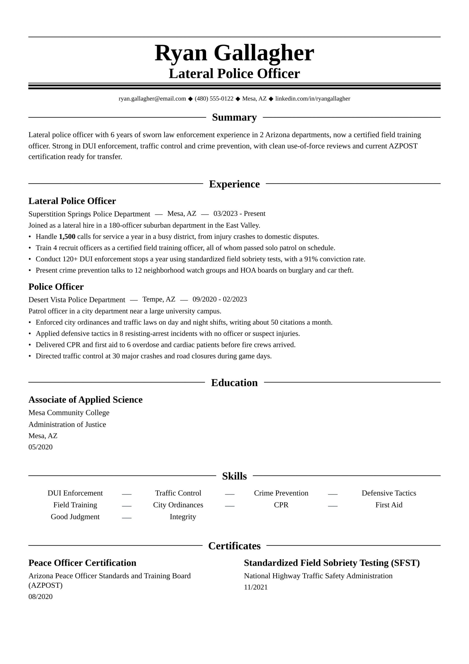 Lateral Police Officer resume example
