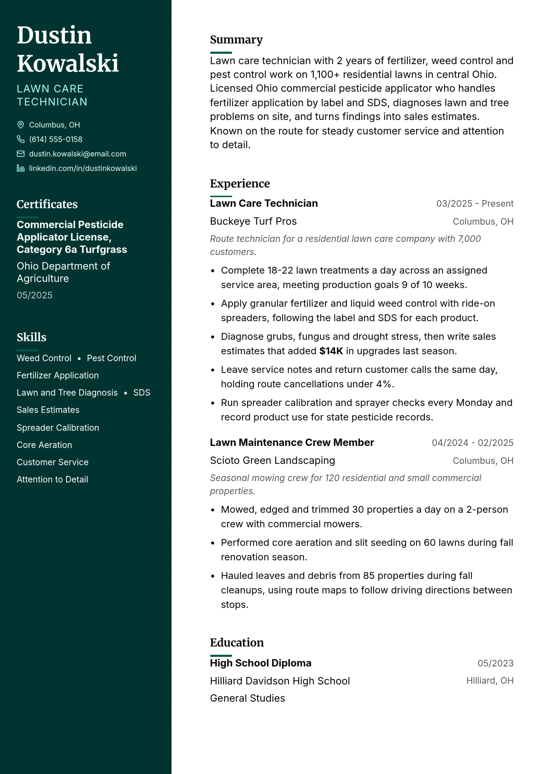 Lawn Care Technician resume example
