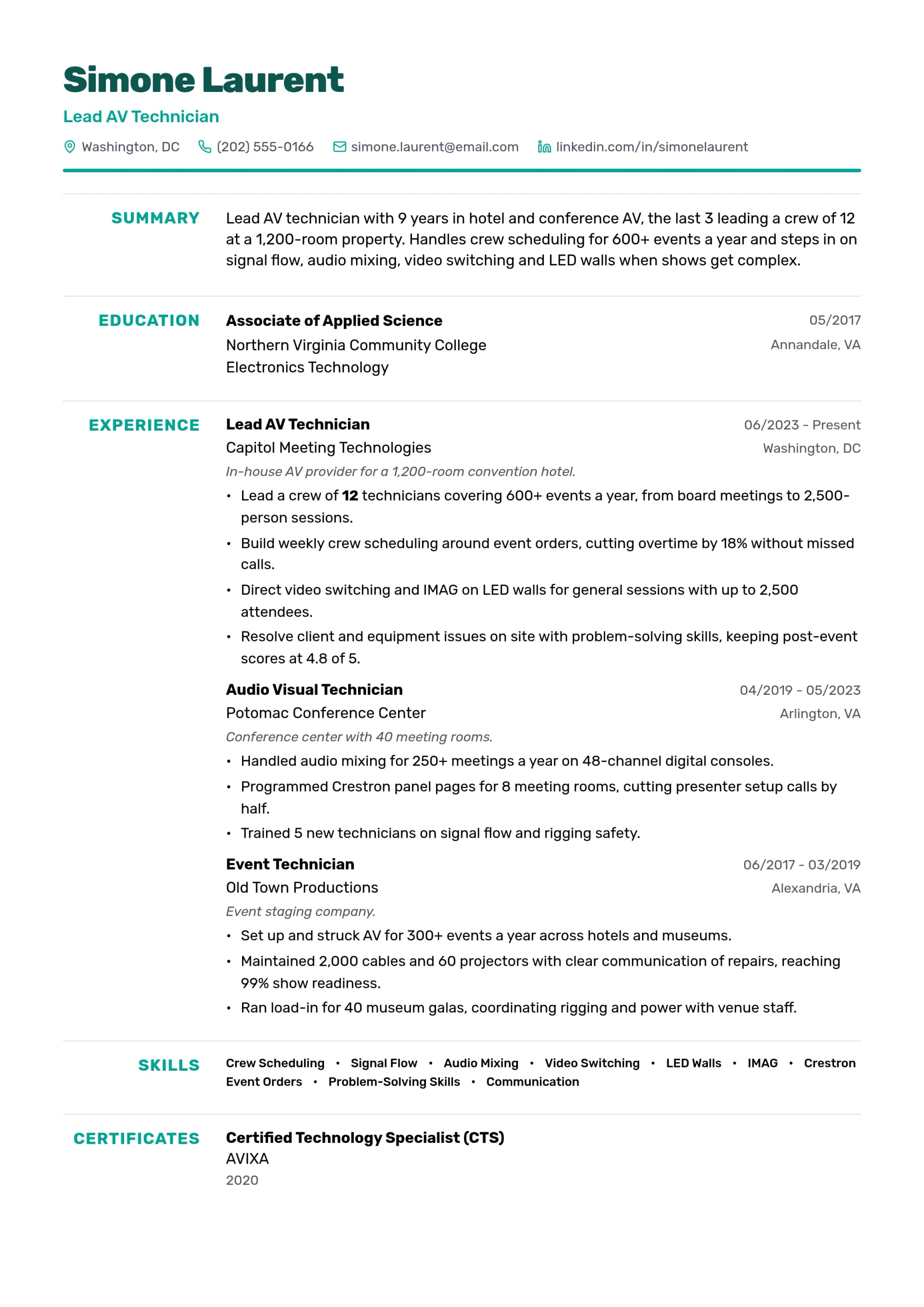 Lead AV Technician resume example