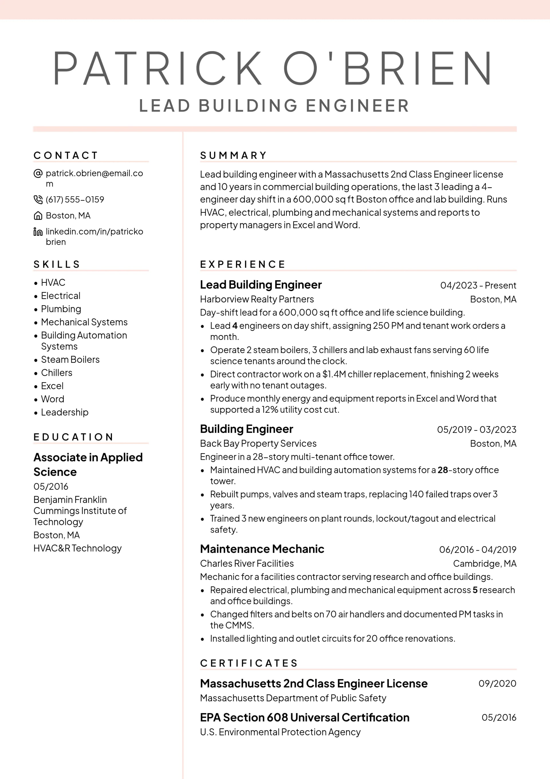 Lead Building Engineer resume example