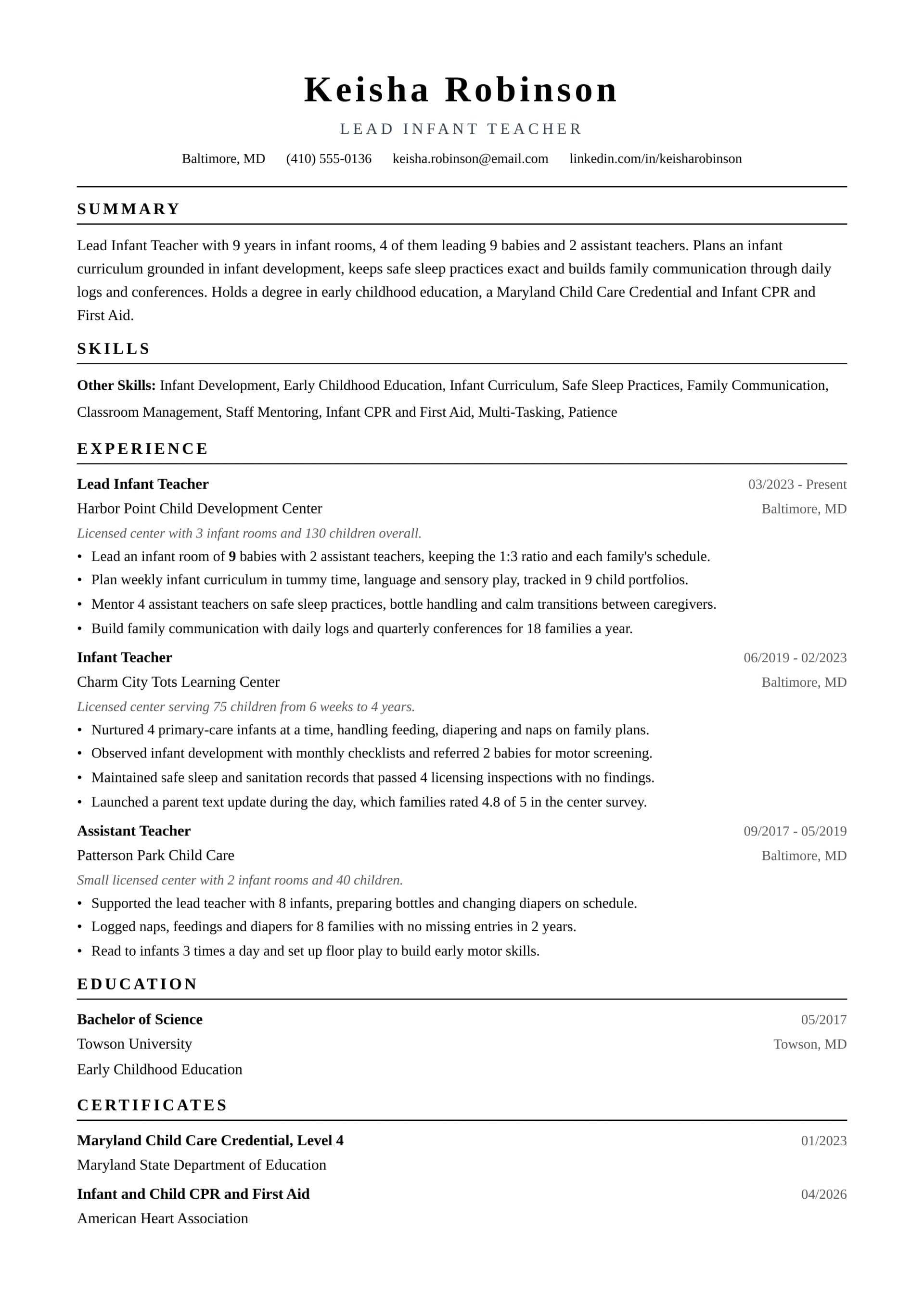 Lead Infant Teacher resume example