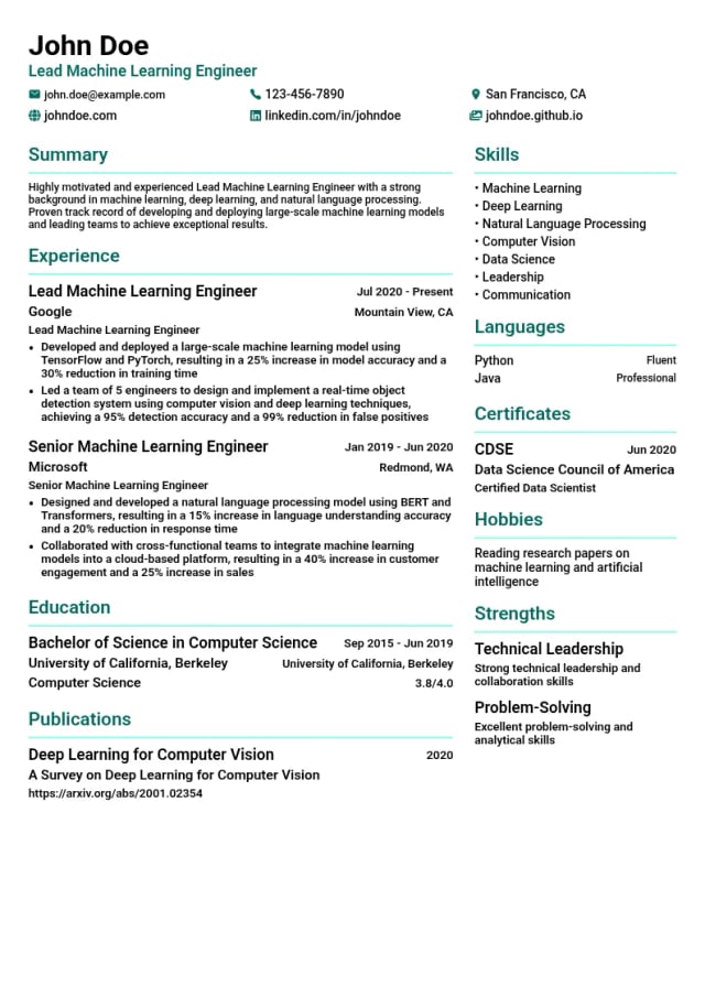 Lead Machine Learning Engineer resume example