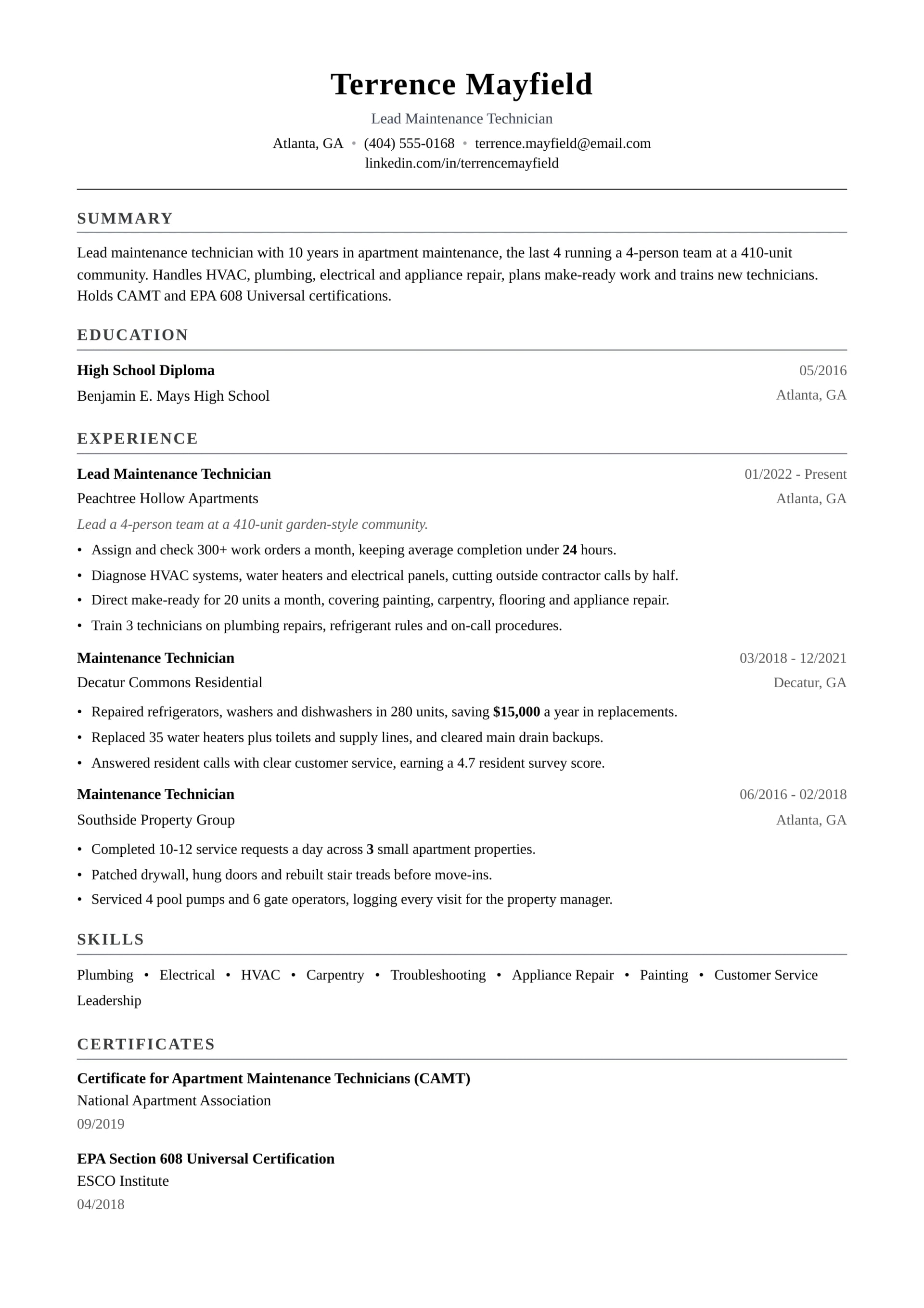 Lead Maintenance Technician resume example