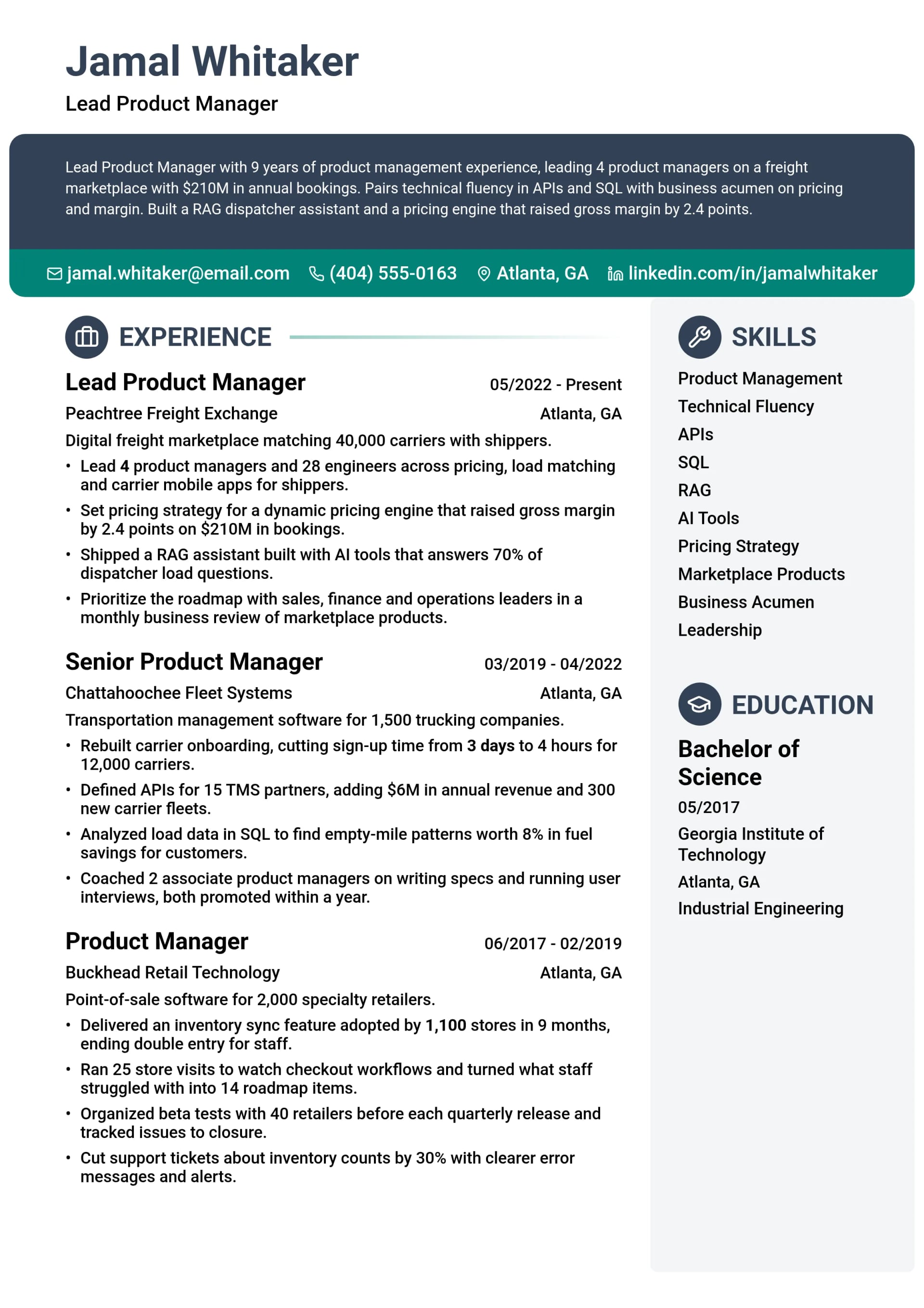 Lead Product Manager resume example