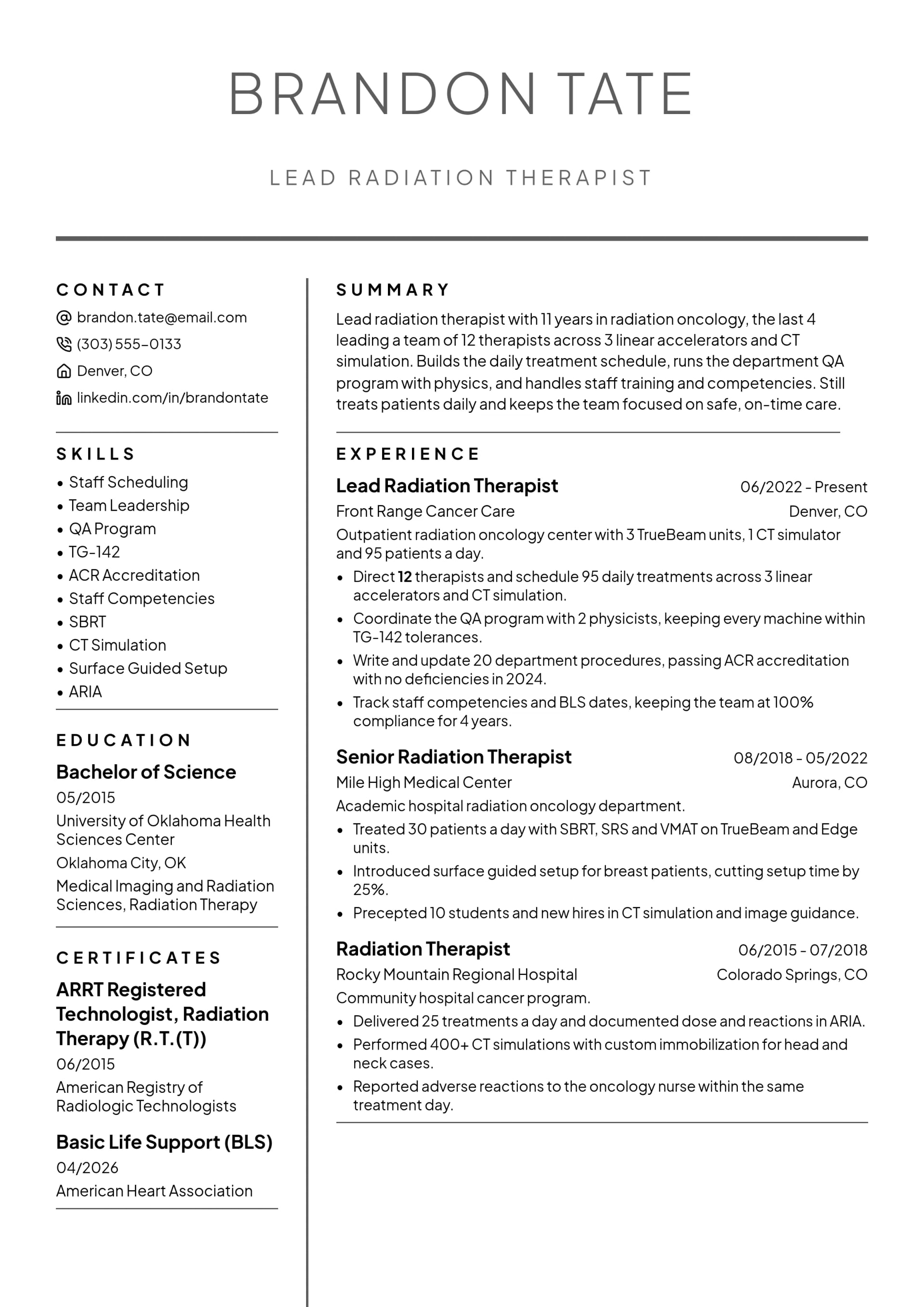 Lead Radiation Therapist resume example