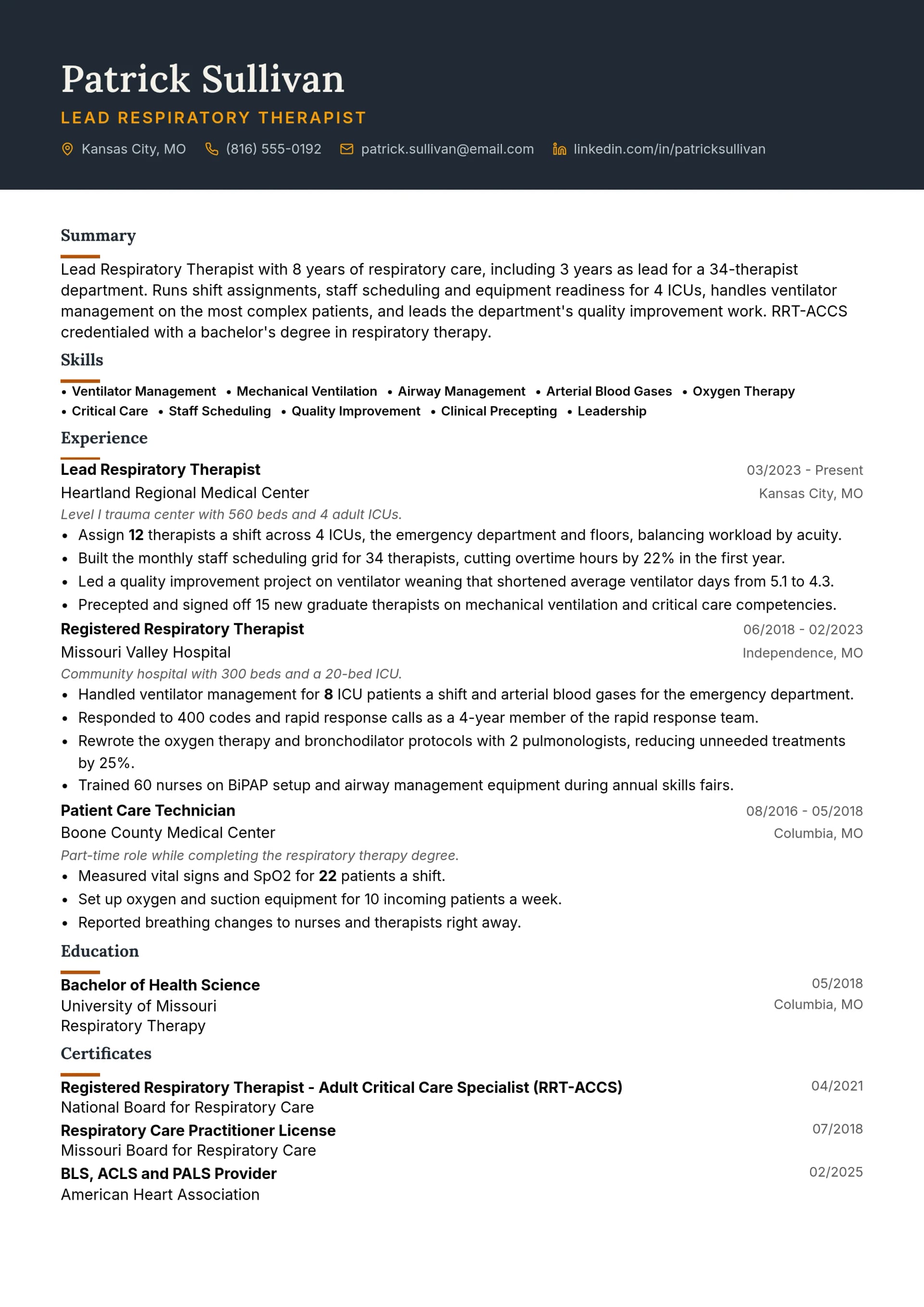Lead Respiratory Therapist resume example