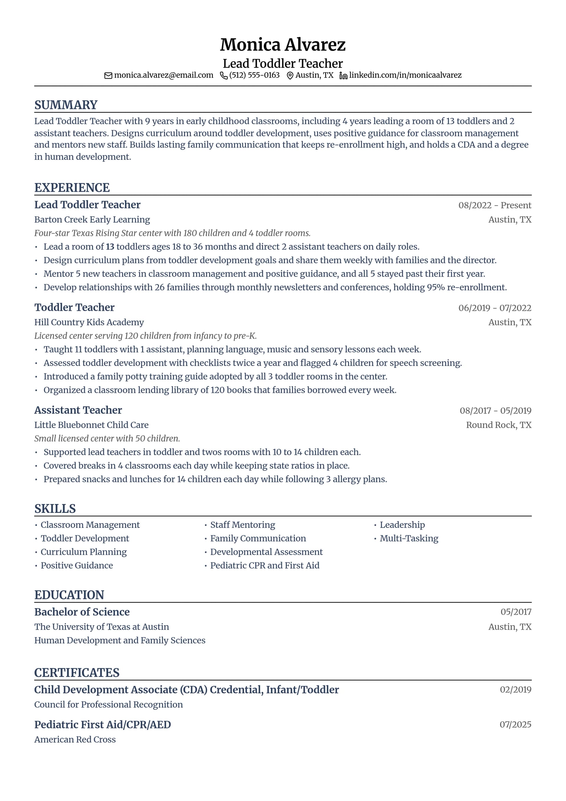 Lead Toddler Teacher resume example
