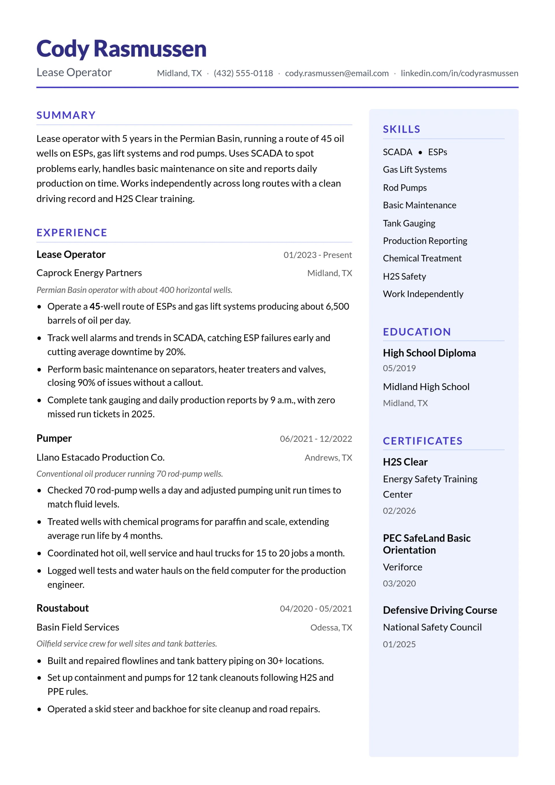 Lease Operator resume example