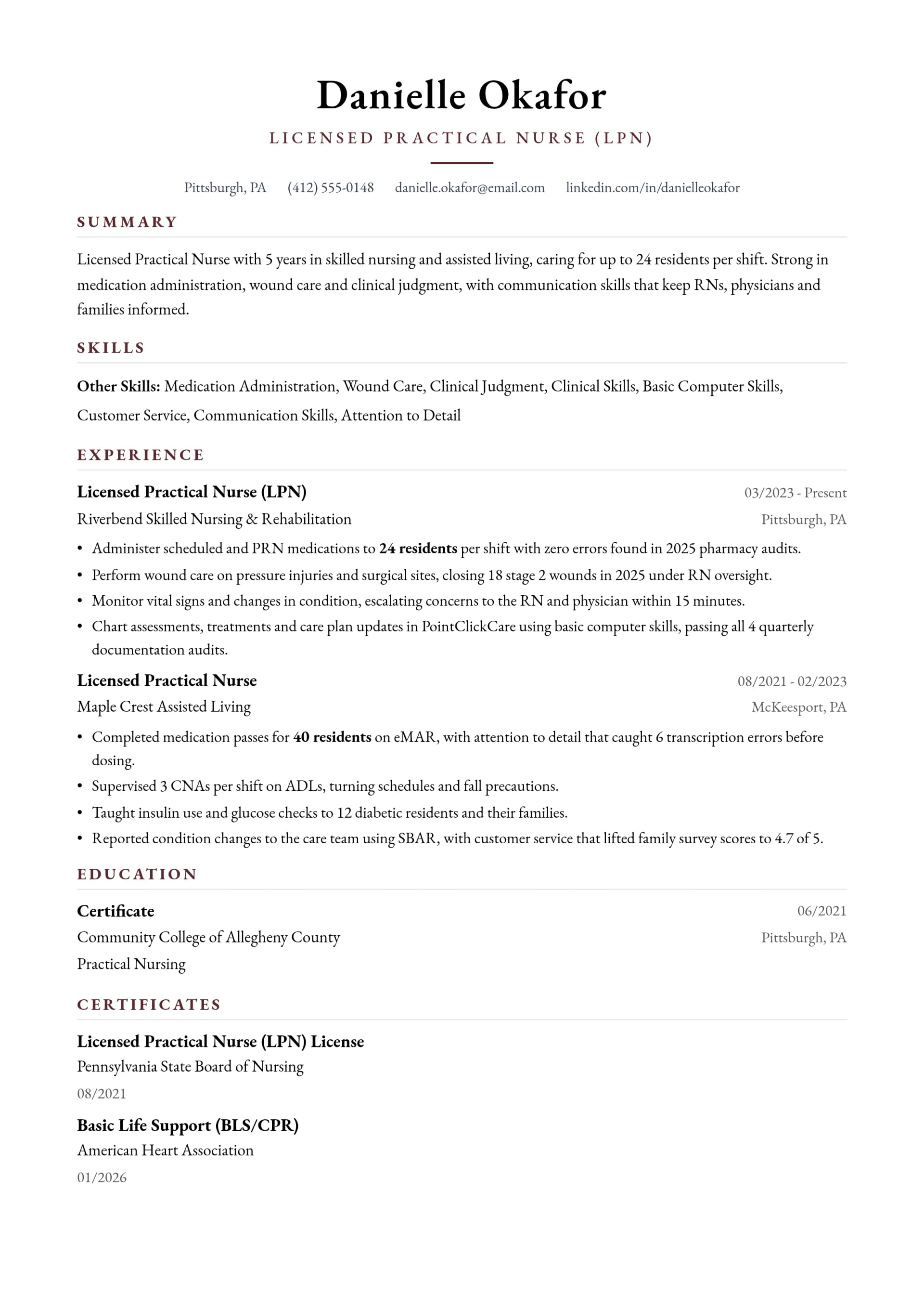 Licensed Practical Nurse (LPN) resume example
