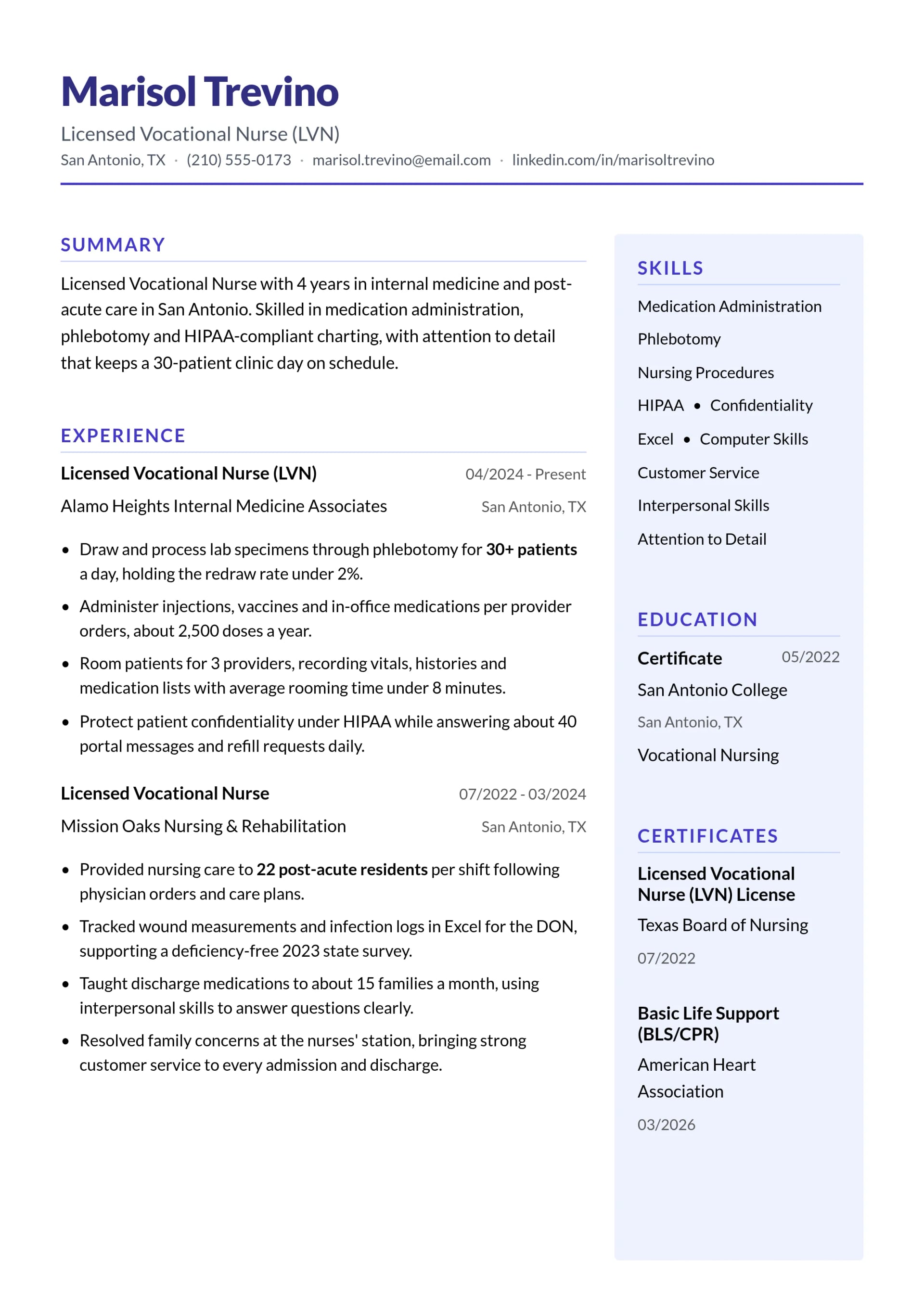 Licensed Vocational Nurse (LVN) resume example