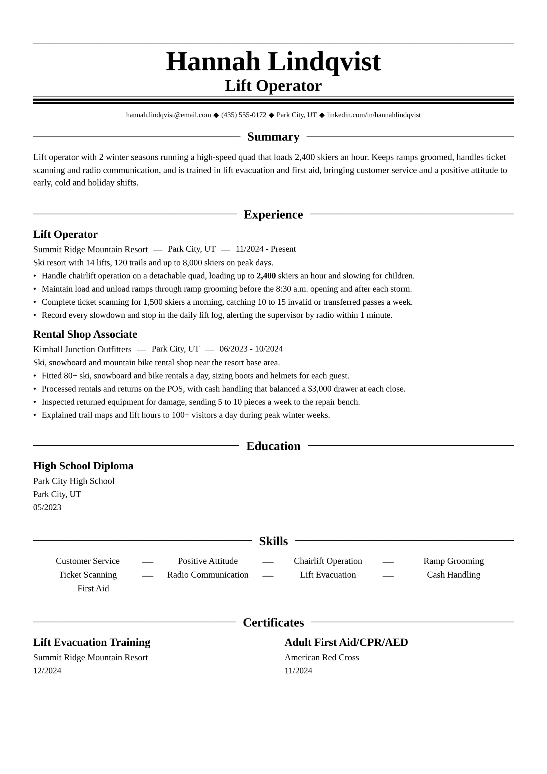Lift Operator resume example