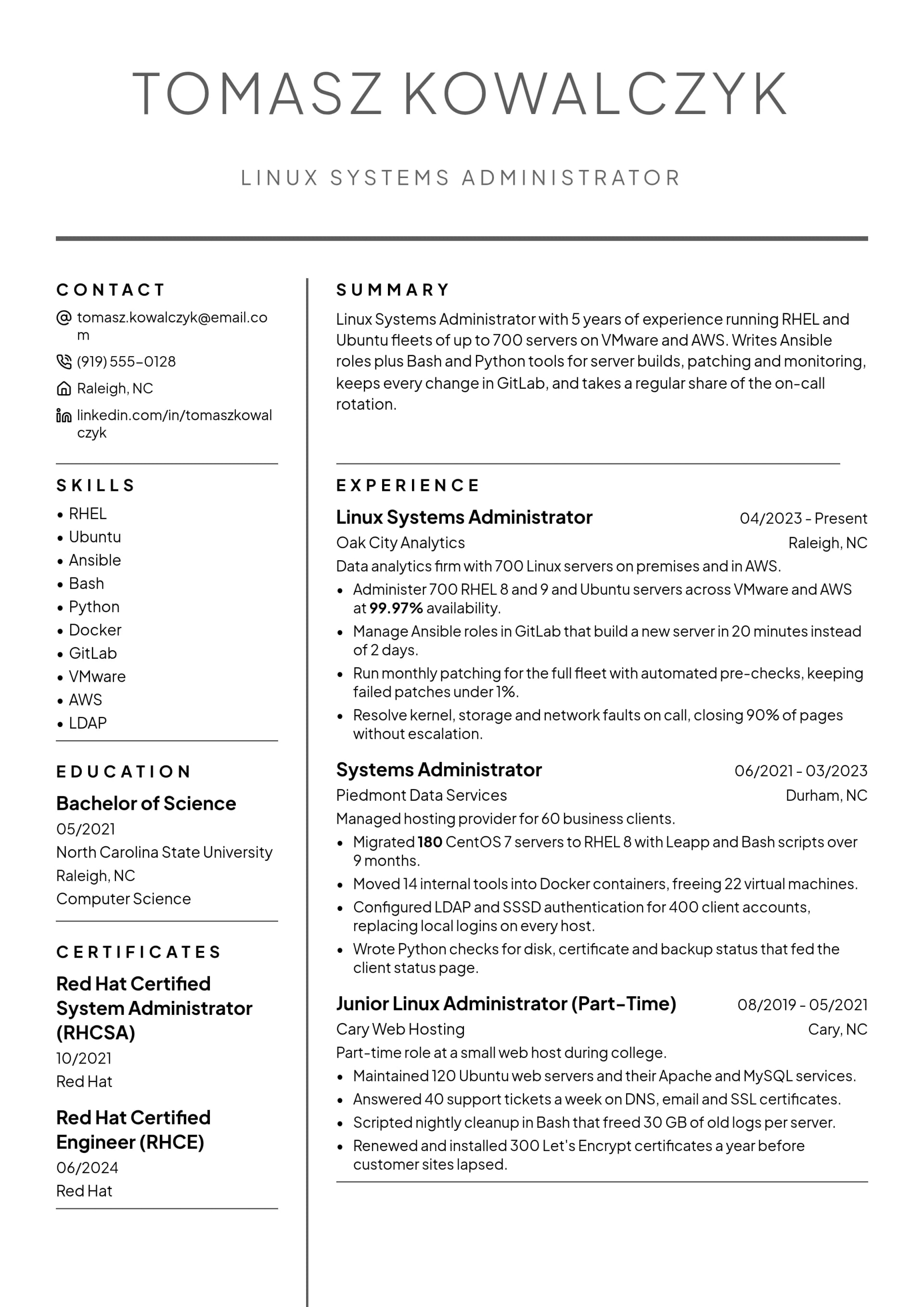 Linux Systems Administrator resume example