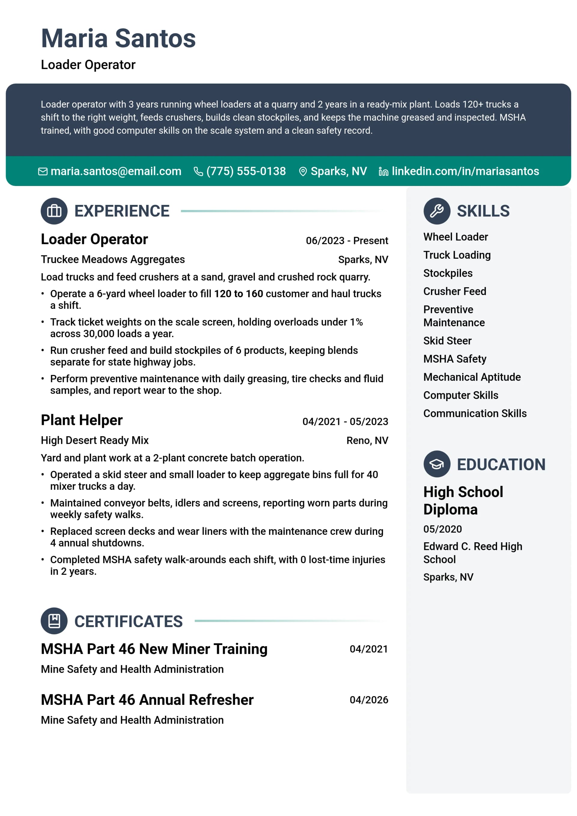 Loader Operator resume example