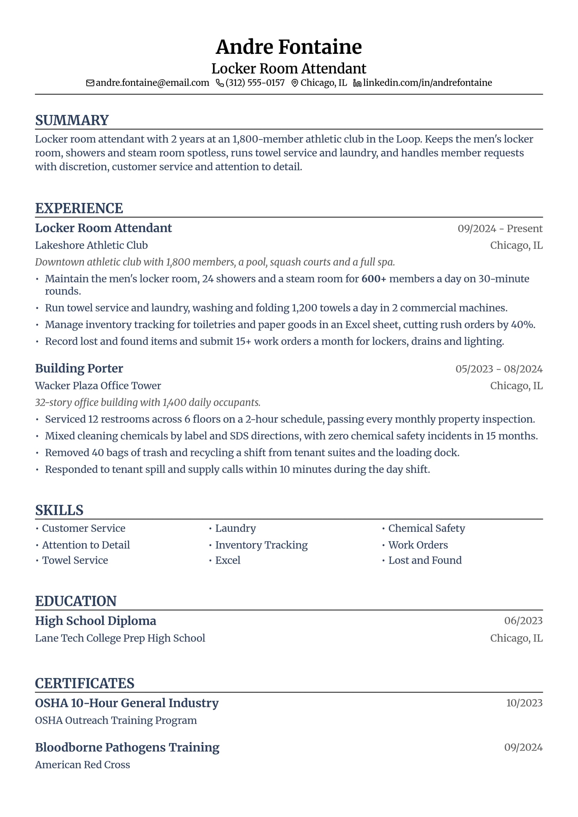Locker Room Attendant resume example