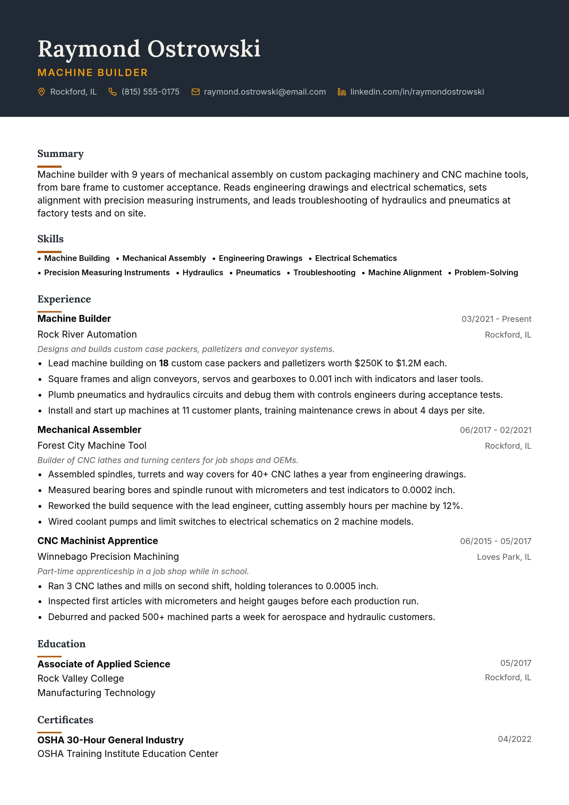 Machine Builder resume example