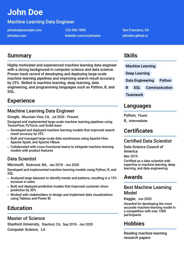 Machine Learning Data Engineer resume example