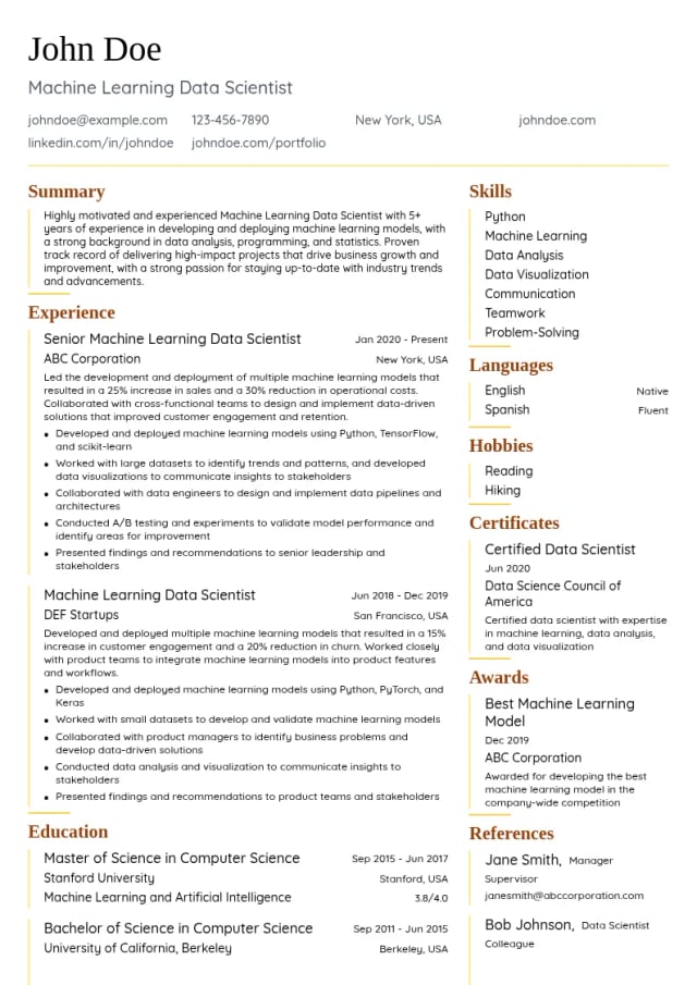 Machine Learning Data Scientist resume example