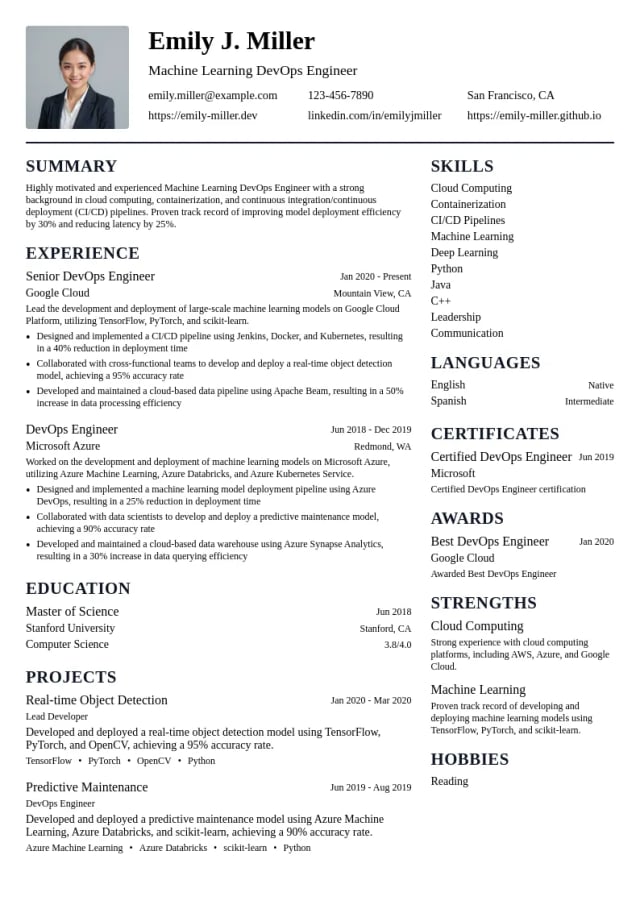 Machine Learning DevOps Engineer resume example