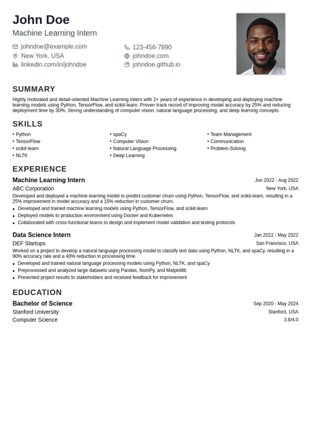 Machine Learning Intern resume example
