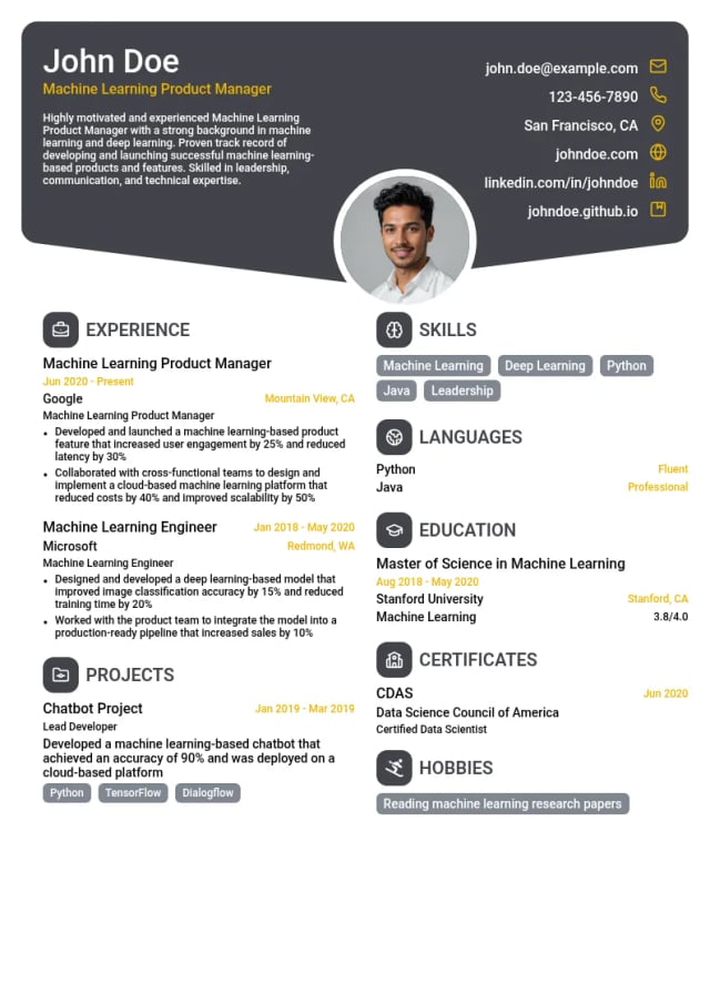 Machine Learning Product Manager resume example