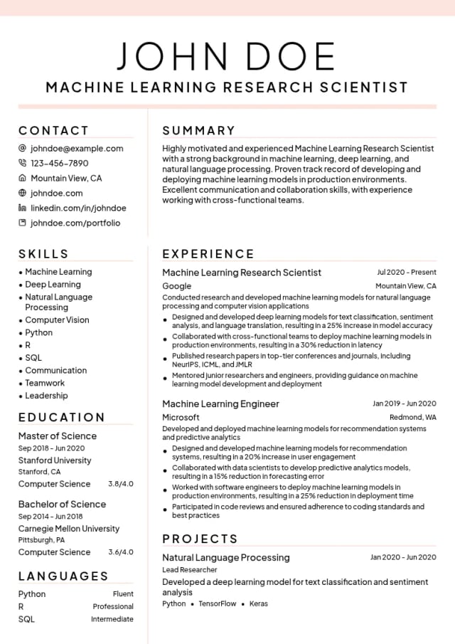 Machine Learning Research Scientist resume example