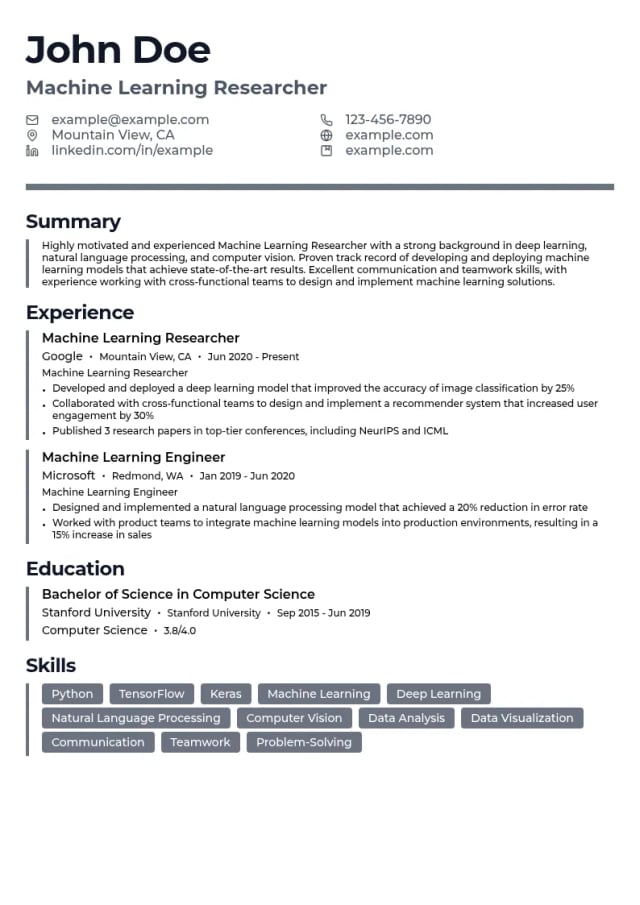 Machine Learning Researcher resume example