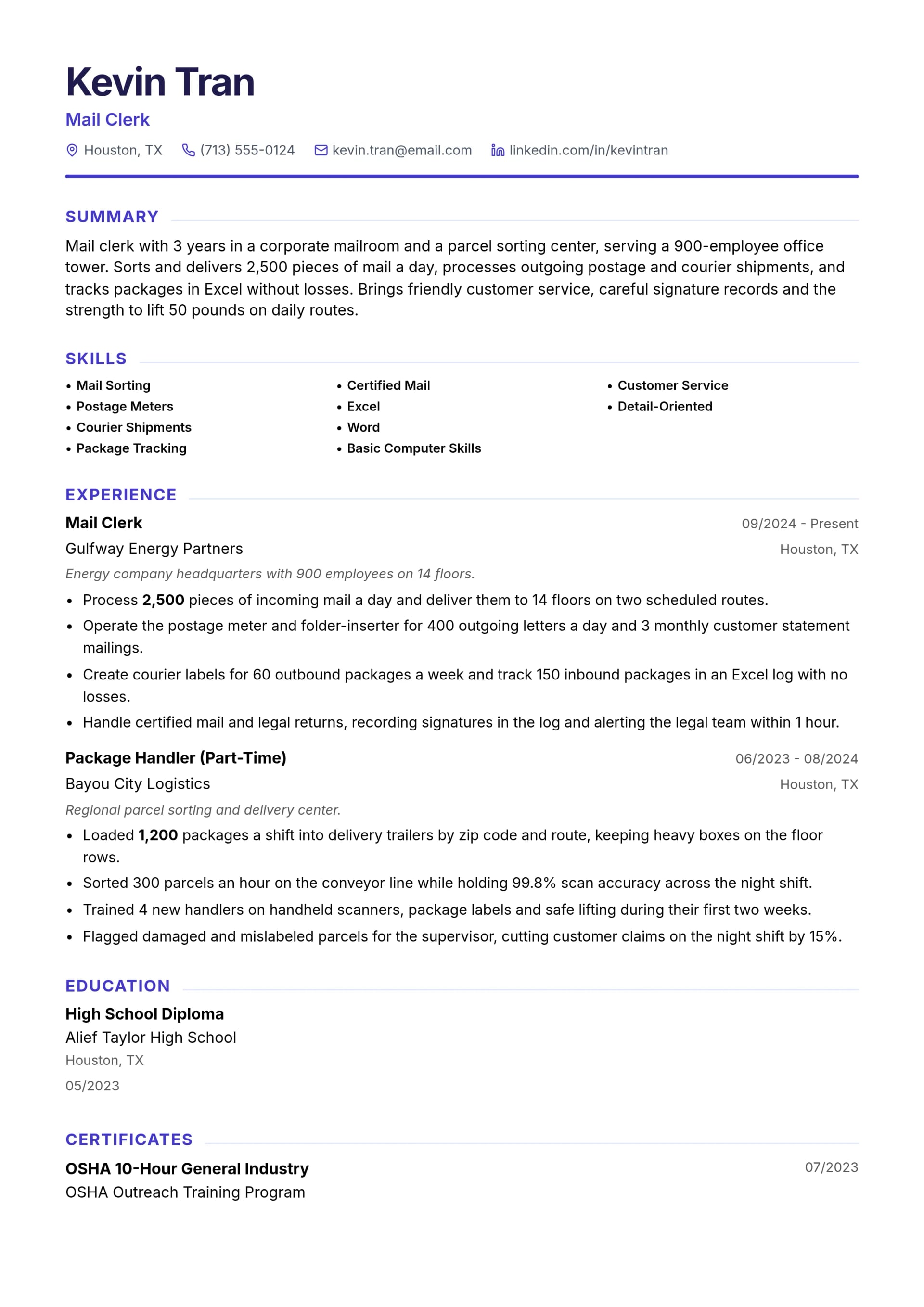 Mail Clerk resume example