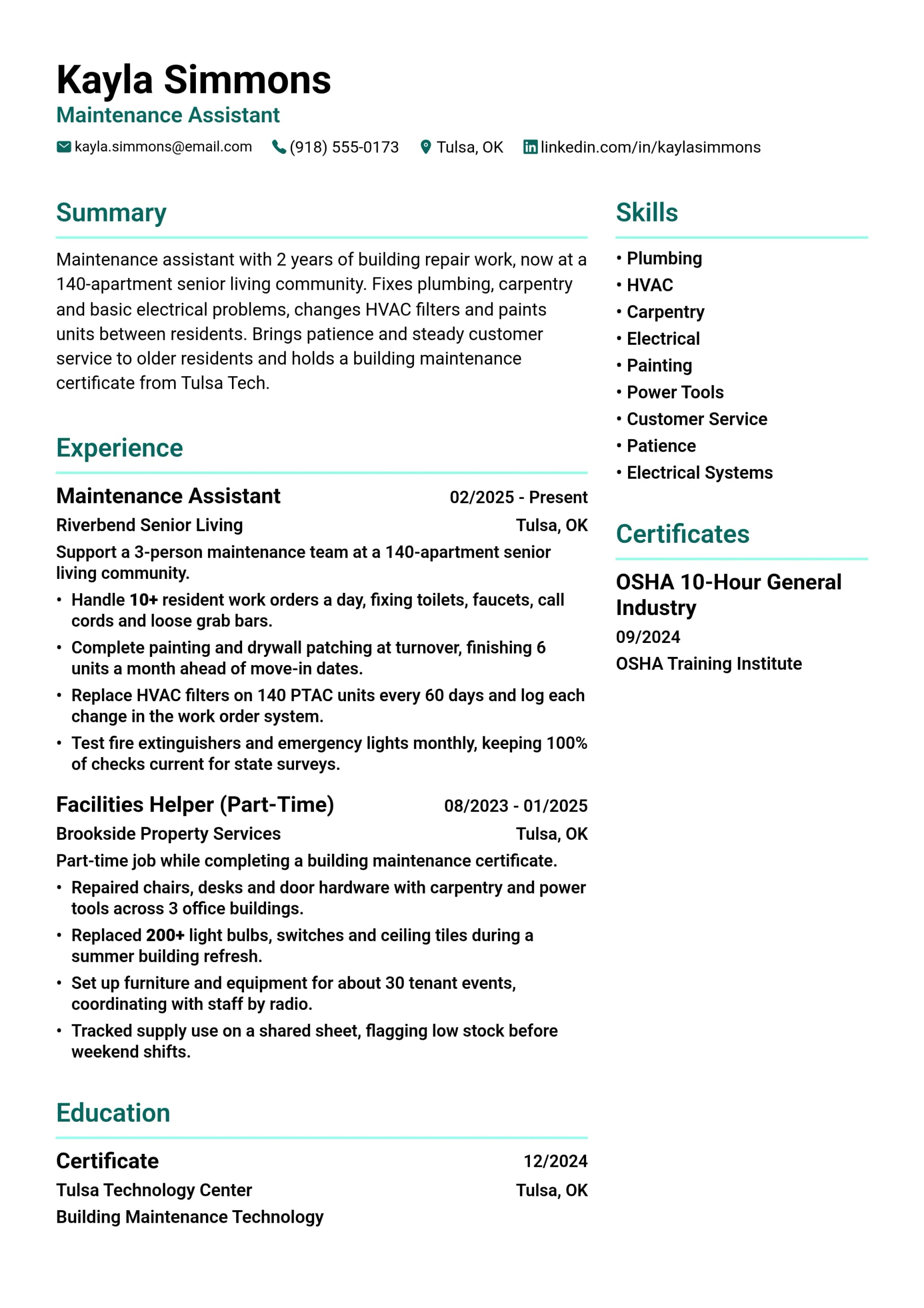 Maintenance Assistant resume example