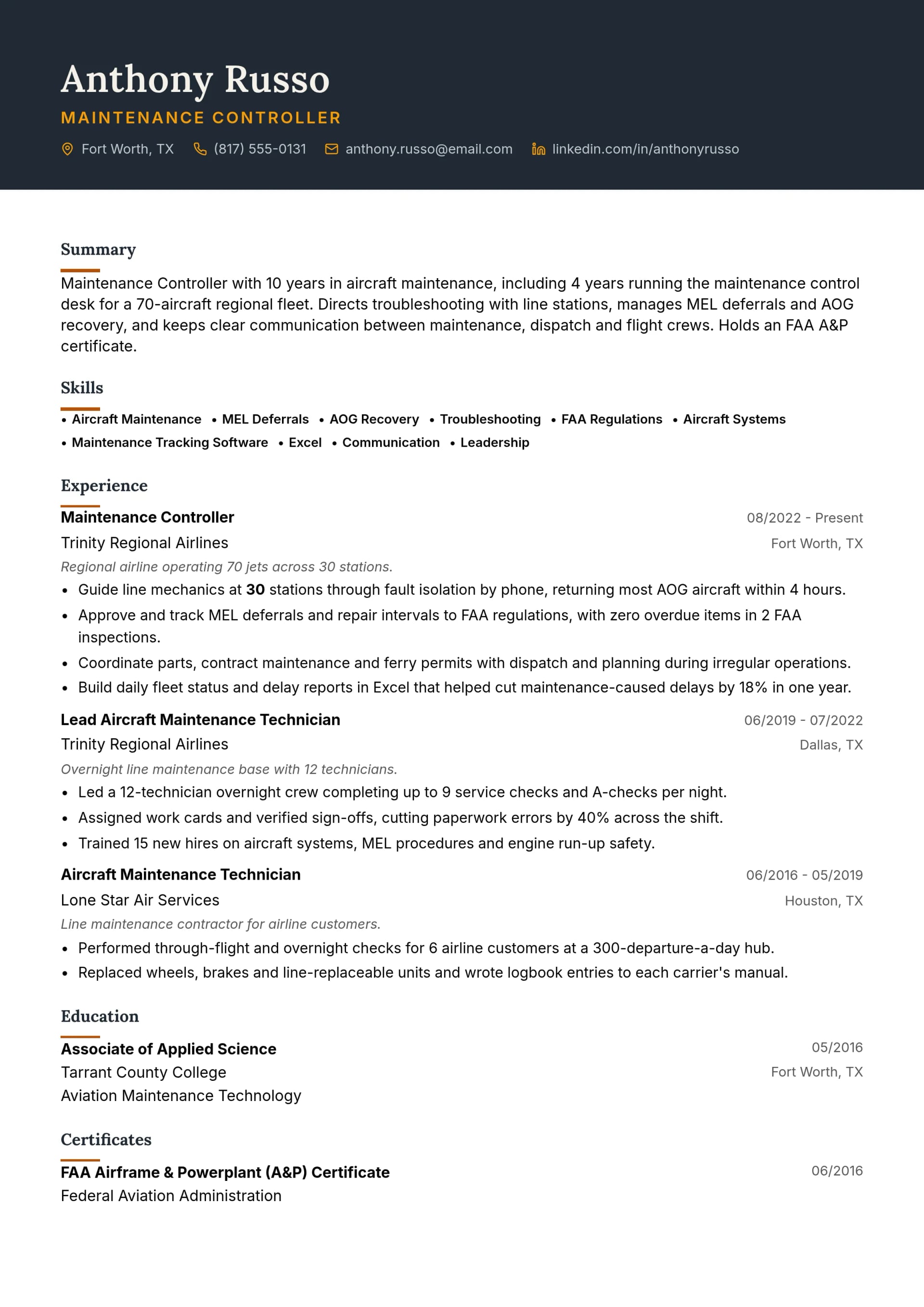 Maintenance Controller resume example