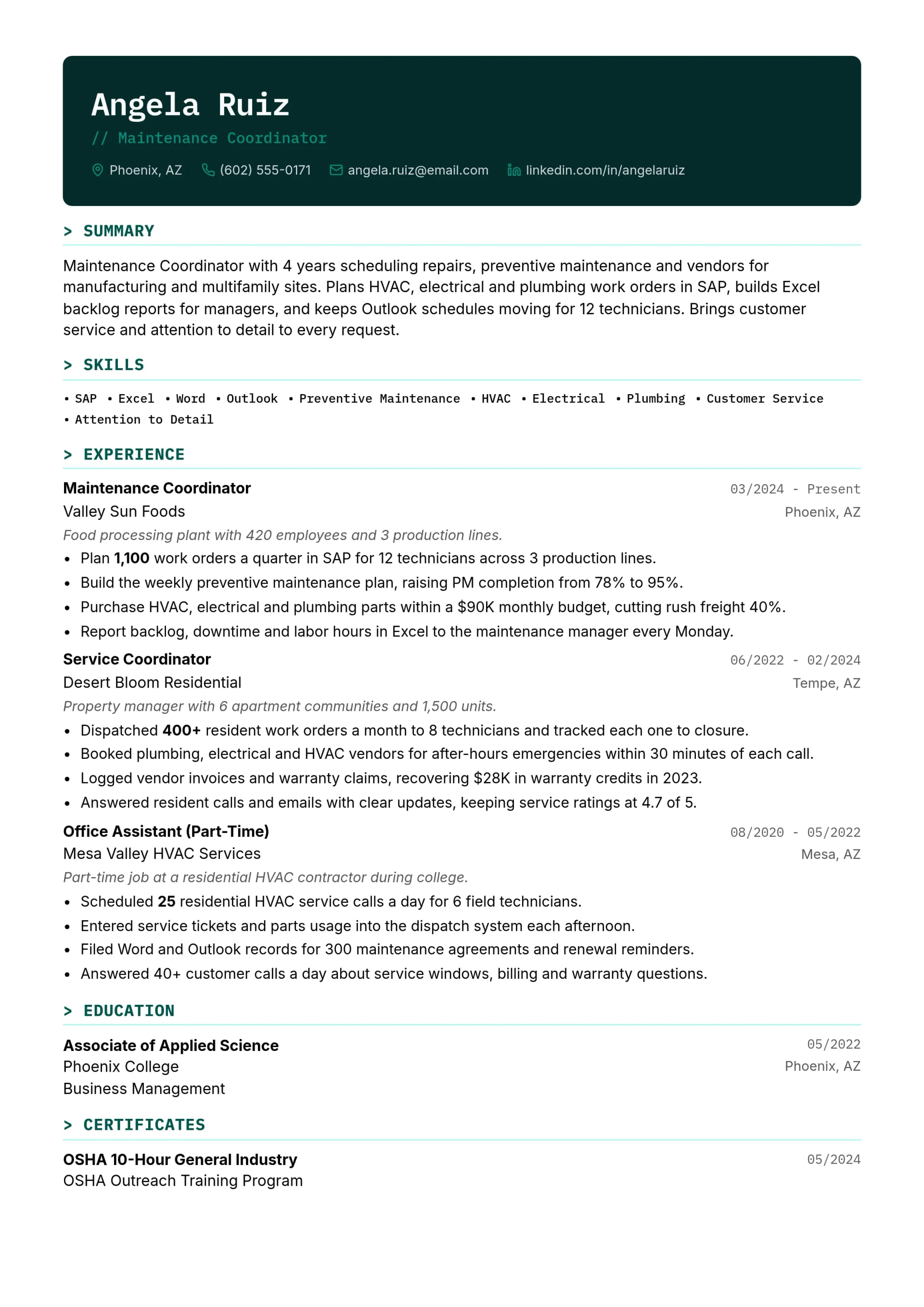 Maintenance Coordinator resume example