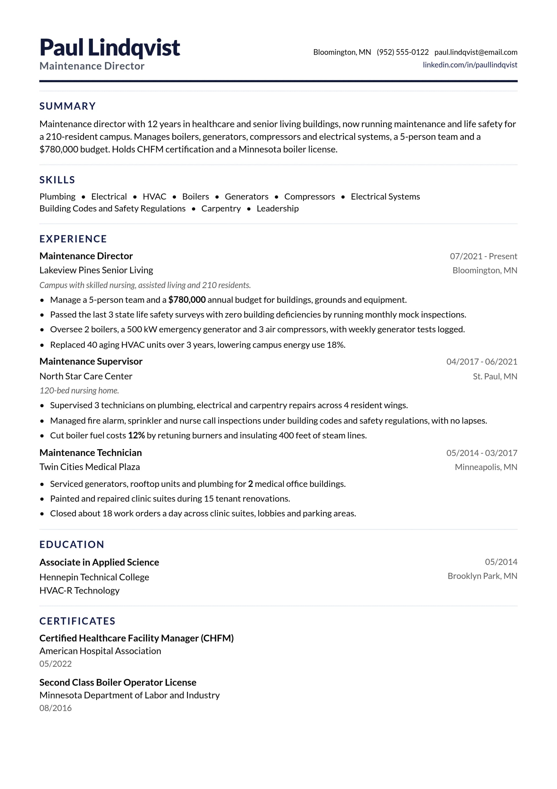 Maintenance Director resume example