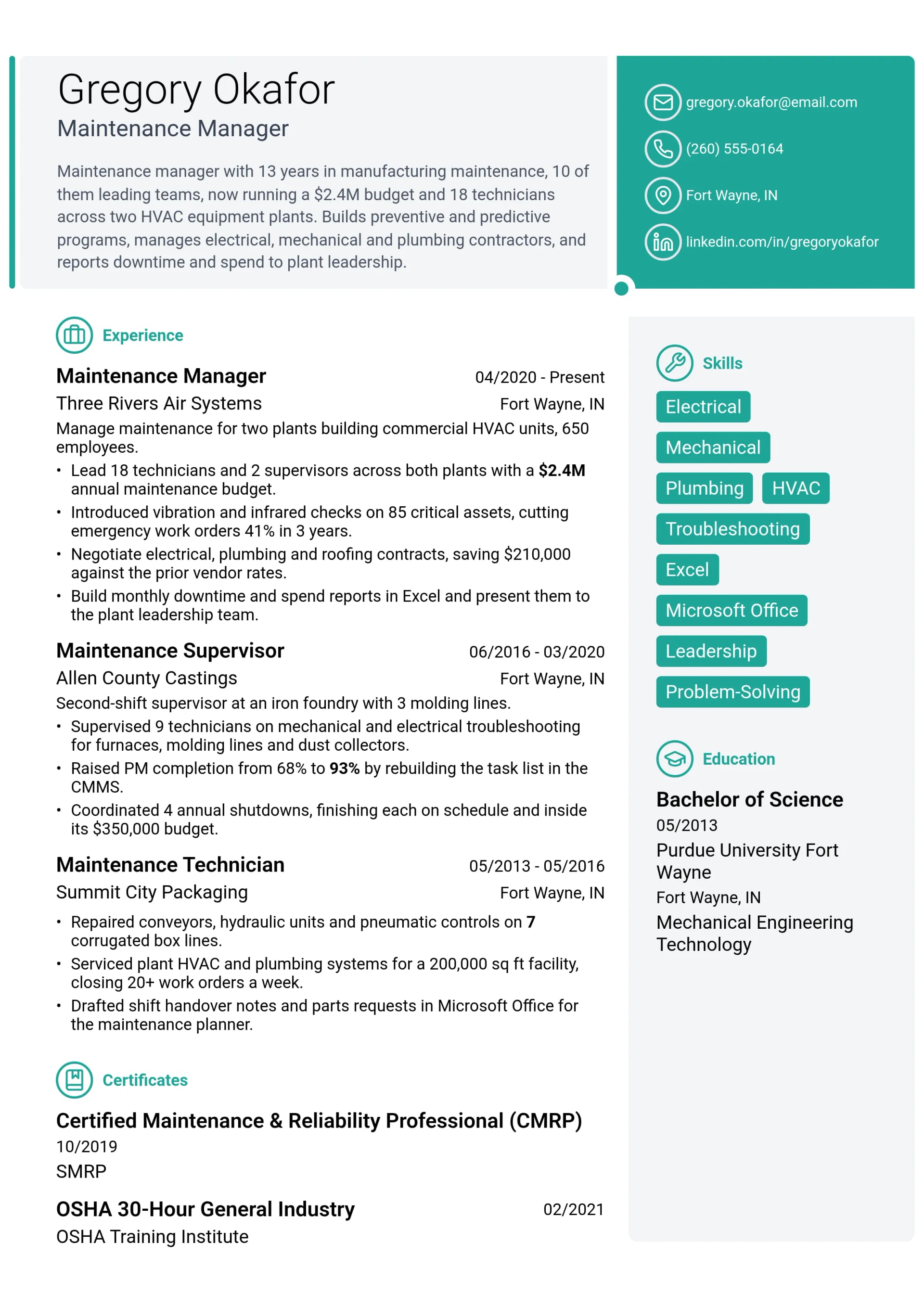 Maintenance Manager resume example
