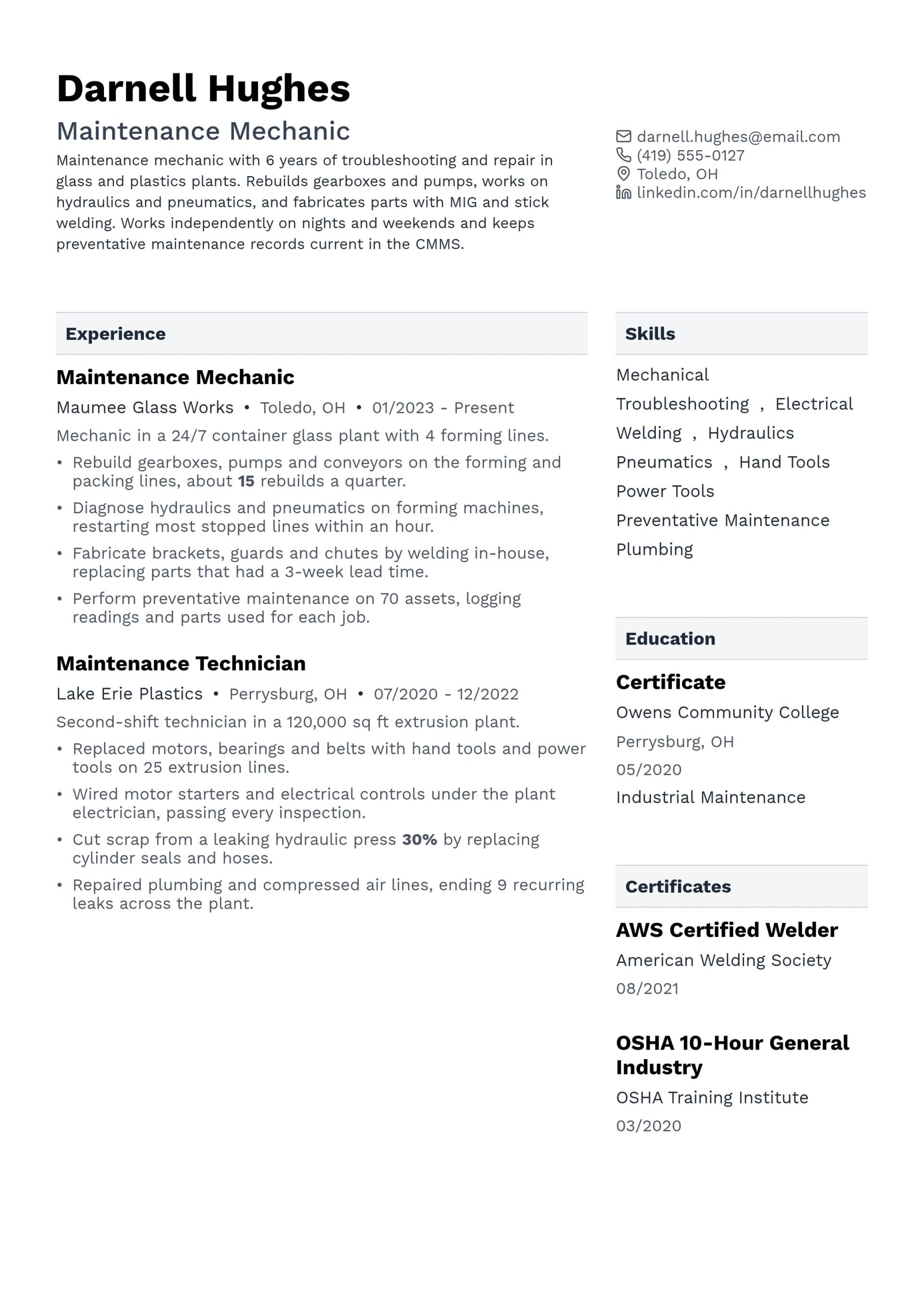 Maintenance Mechanic resume example