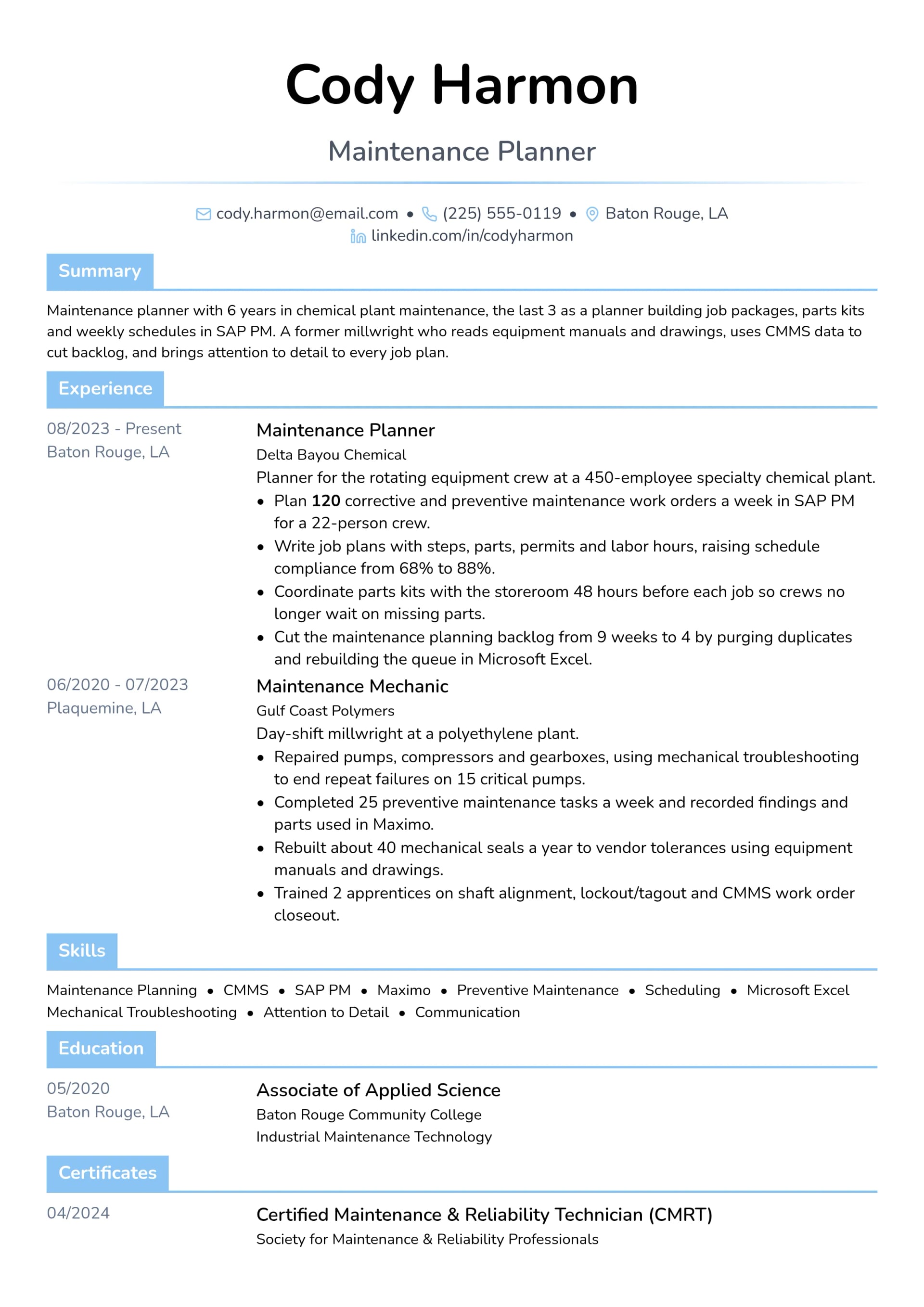 Maintenance Planner resume example