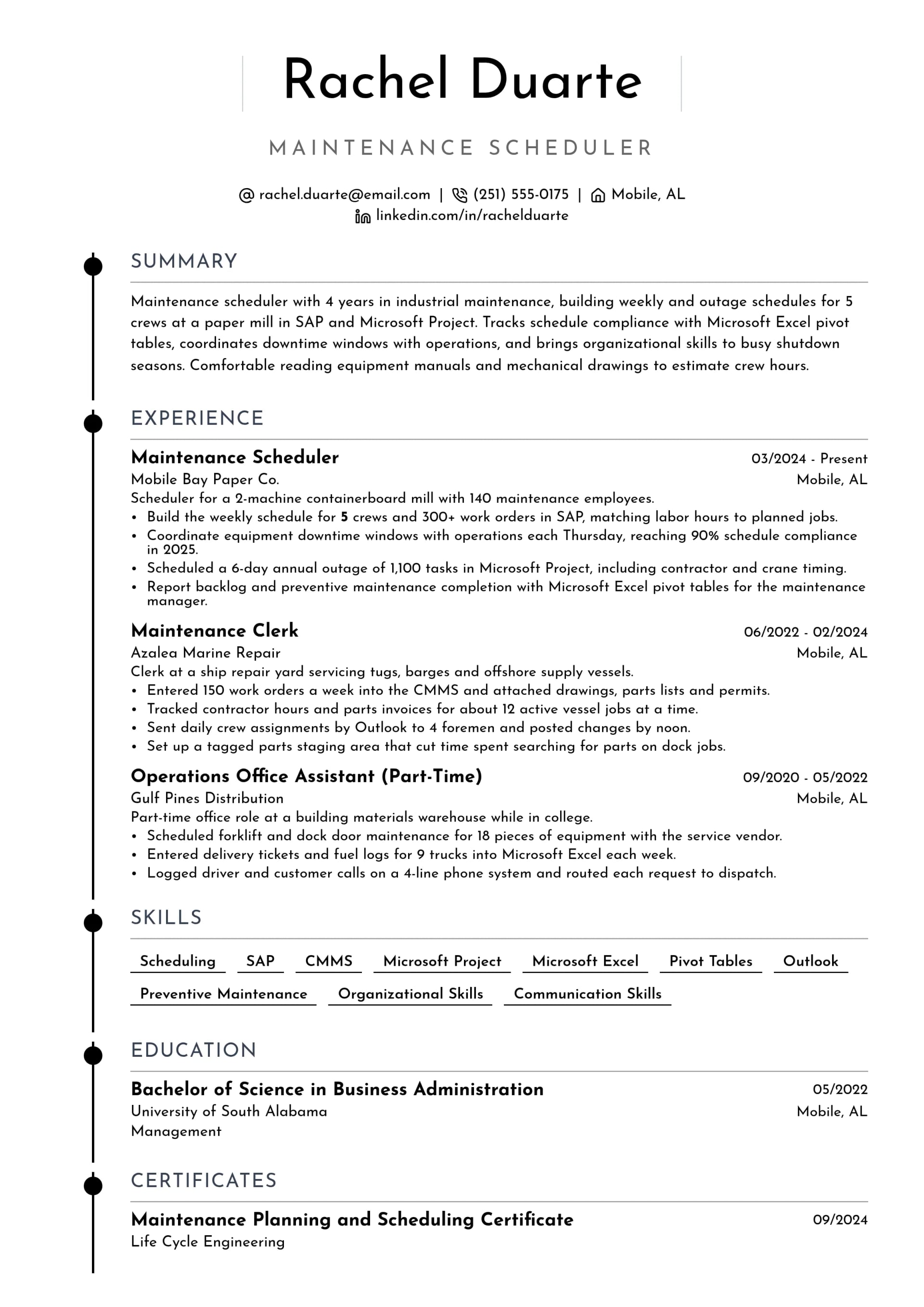 Maintenance Scheduler resume example