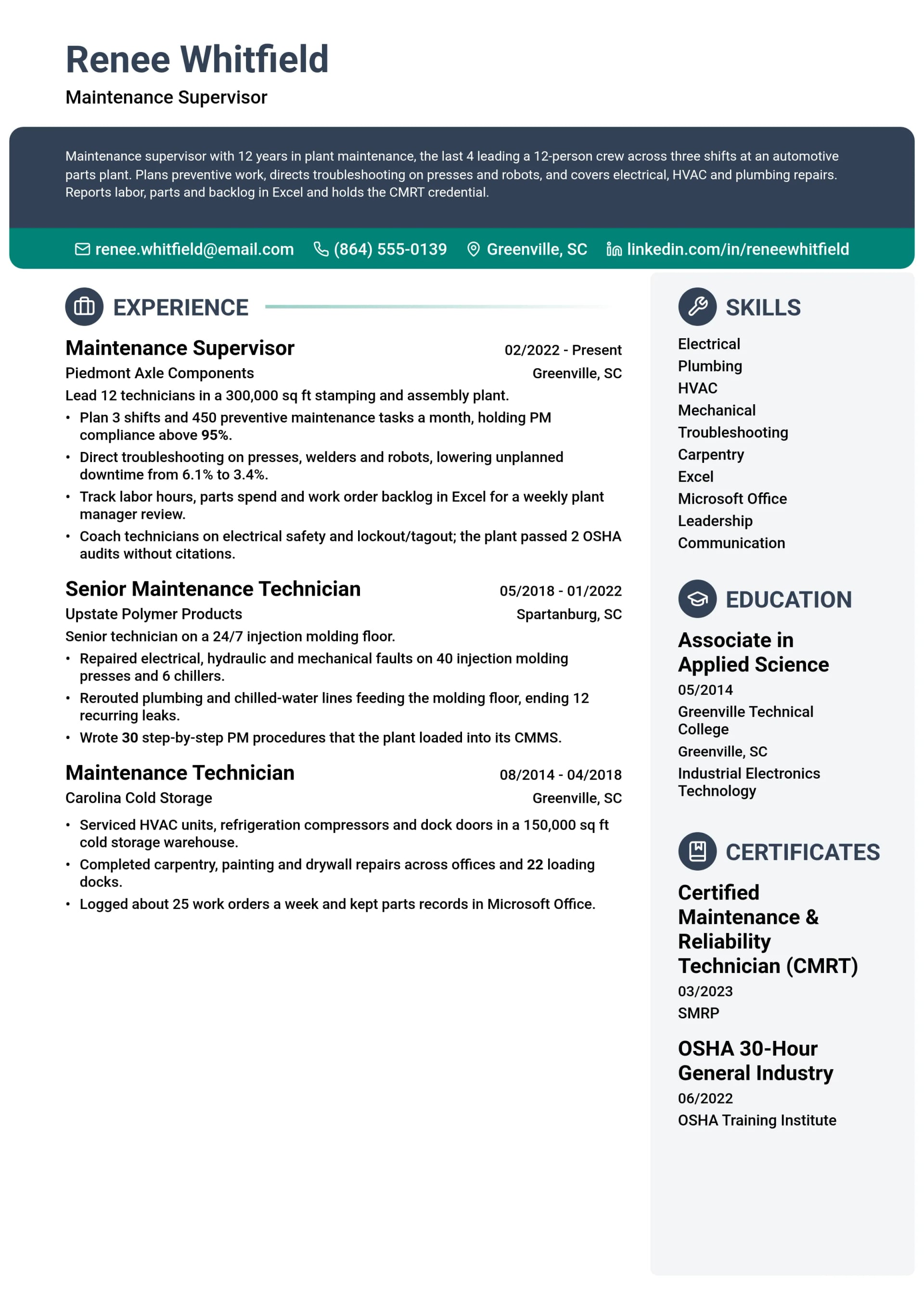Maintenance Supervisor resume example