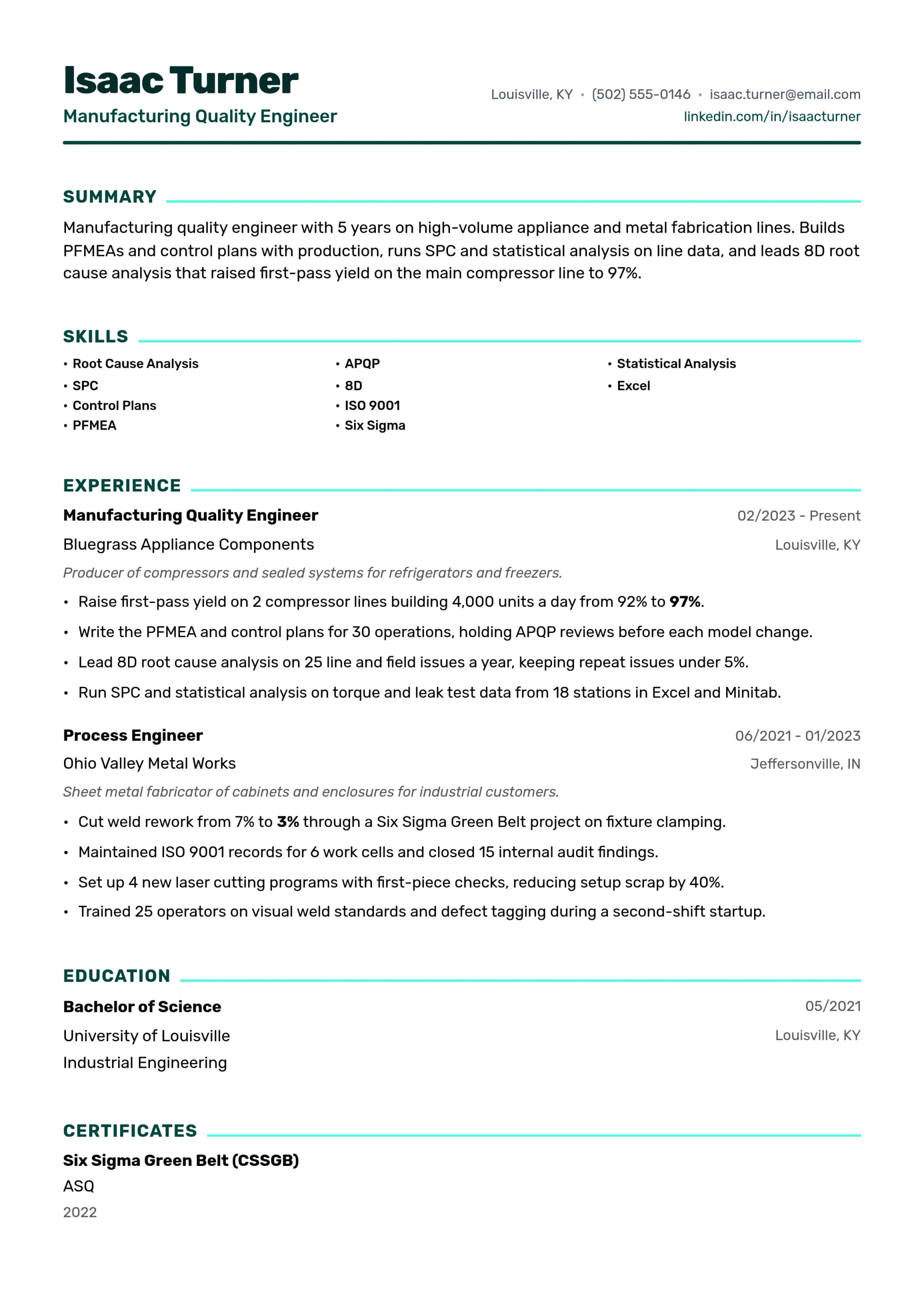 Manufacturing Quality Engineer resume example