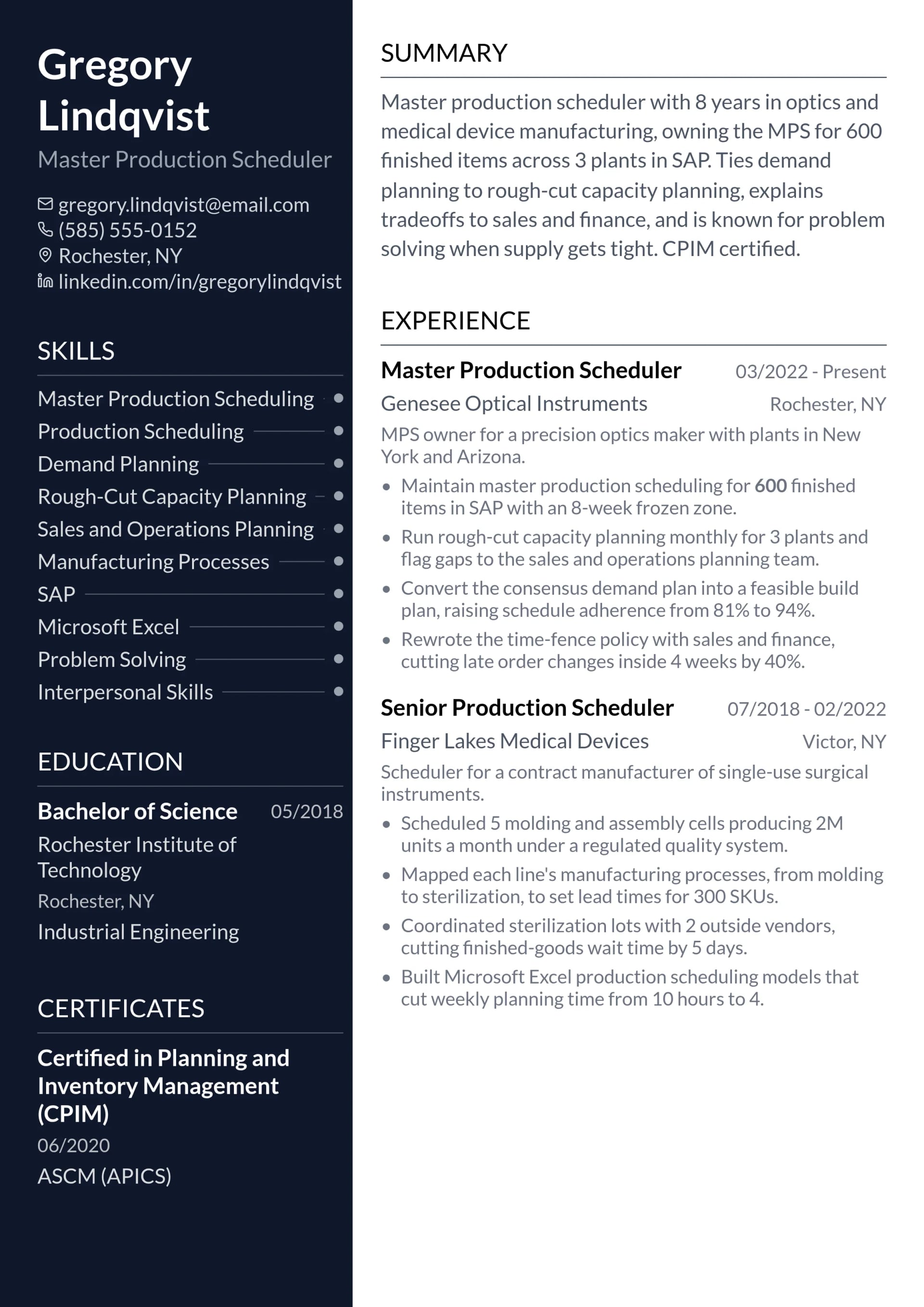 Master Production Scheduler resume example