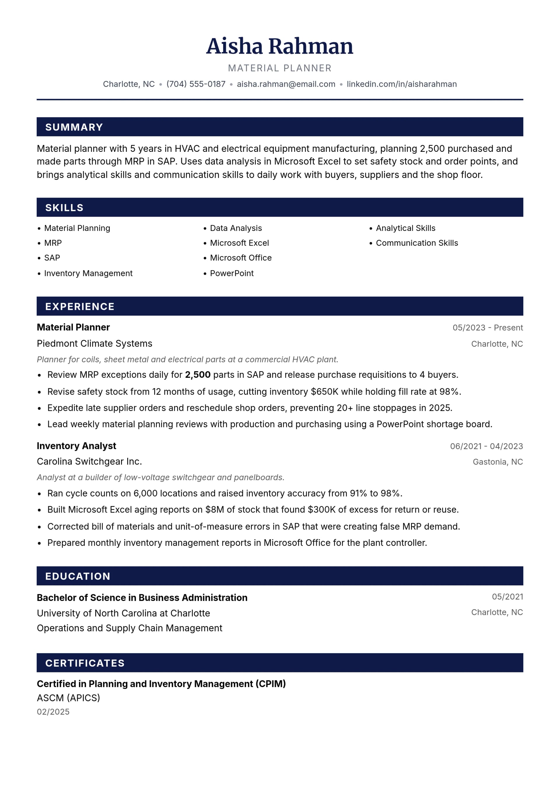 Material Planner resume example
