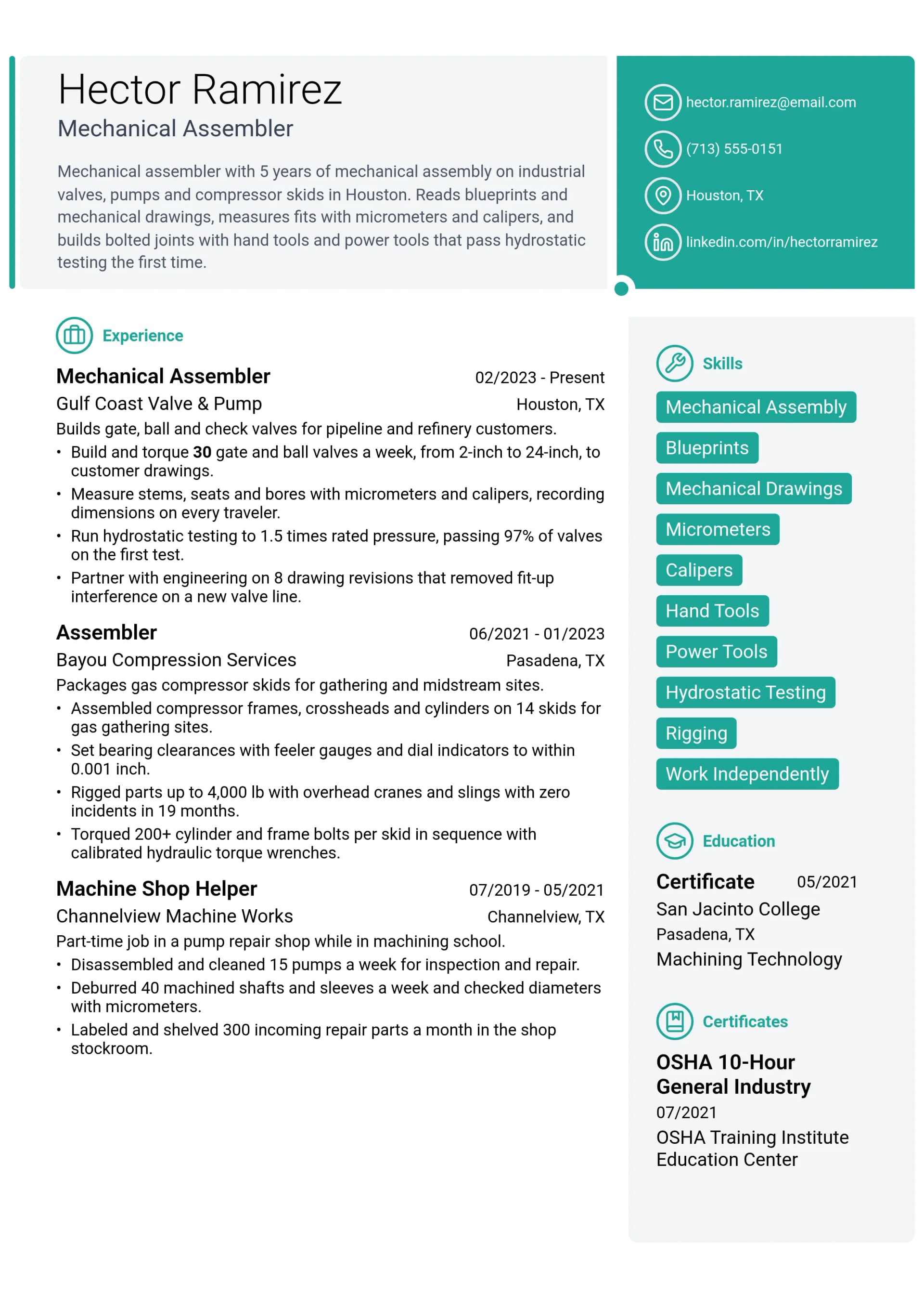 Mechanical Assembler resume example