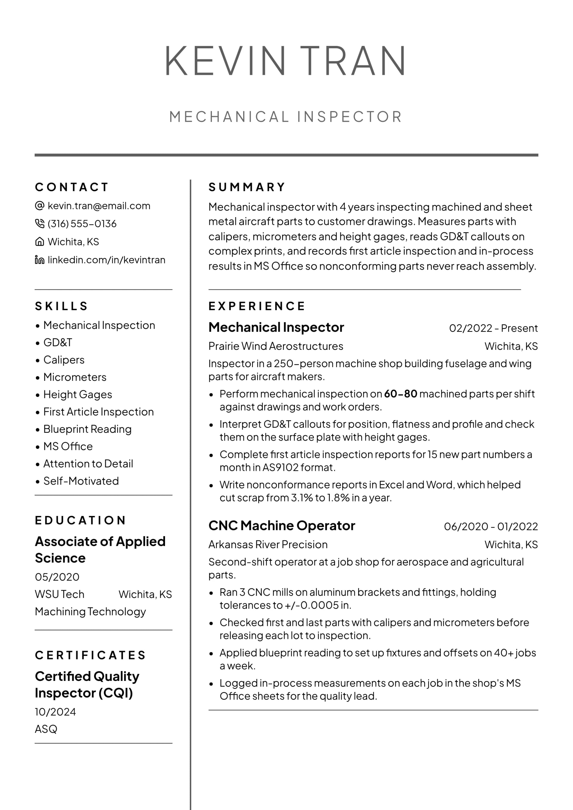 Mechanical Inspector resume example