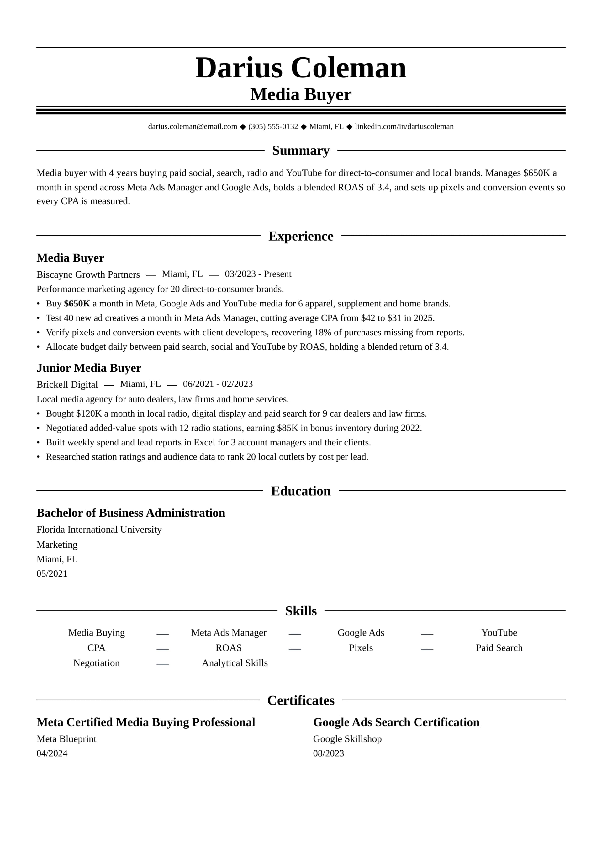 Media Buyer resume example