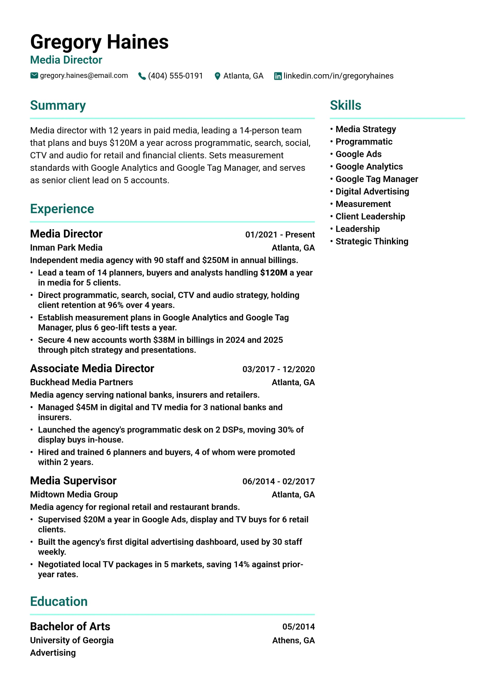 Media Director resume example