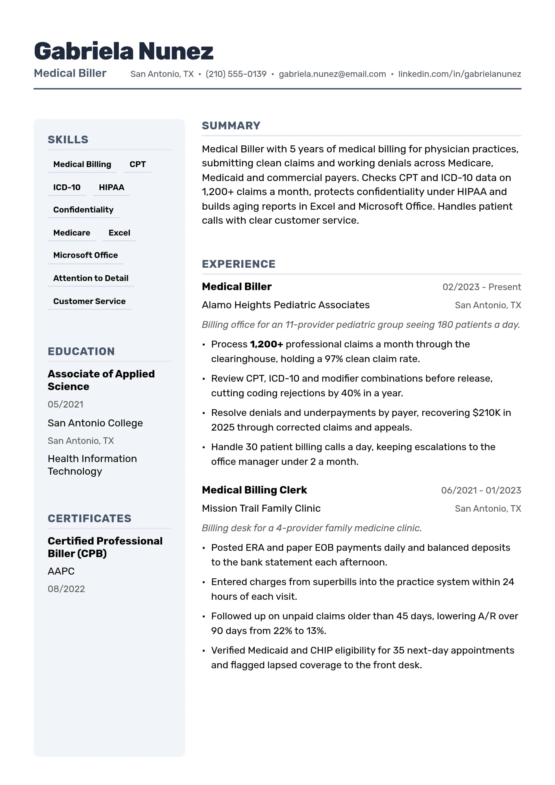 Medical Biller resume example