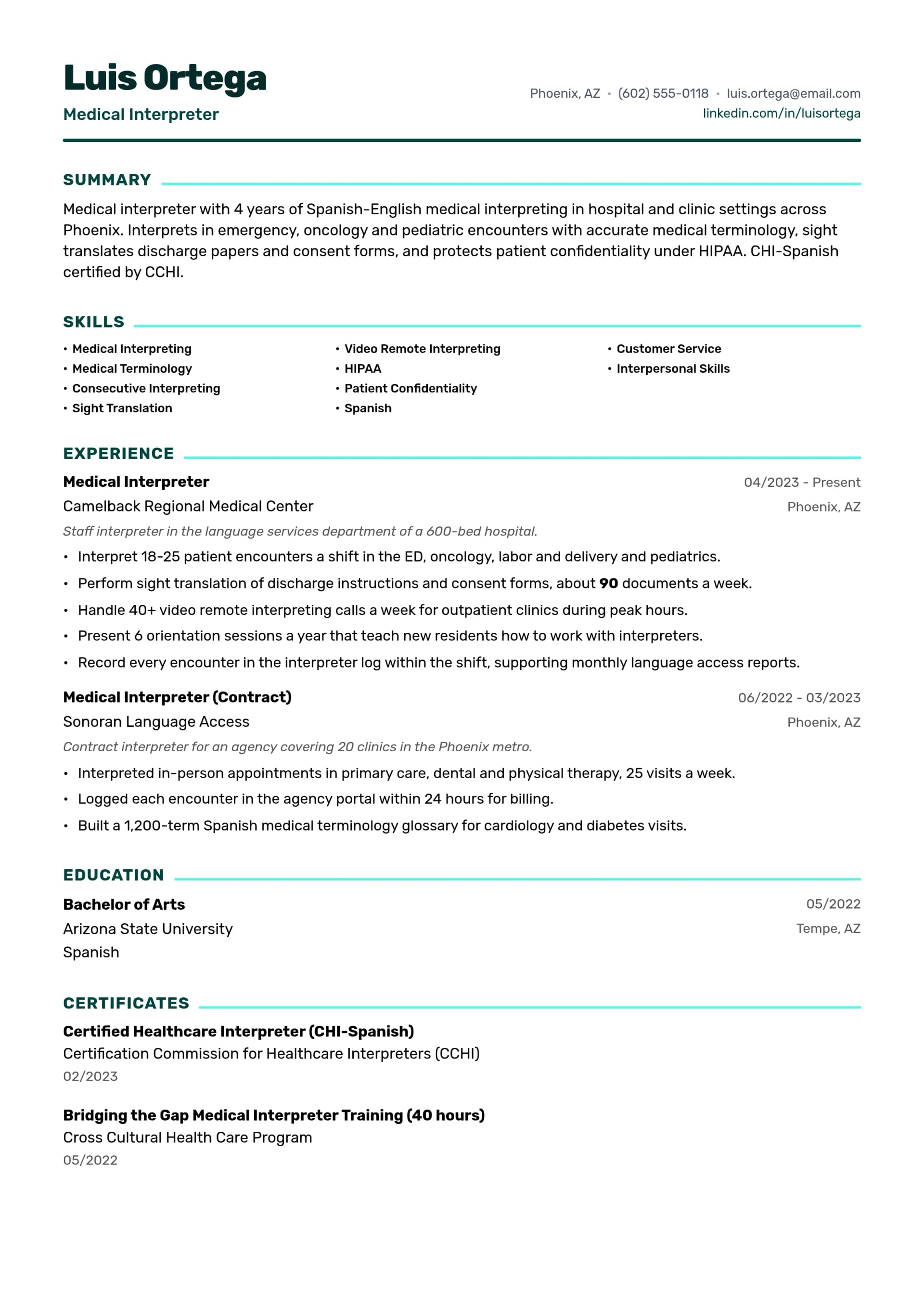Medical Interpreter resume example