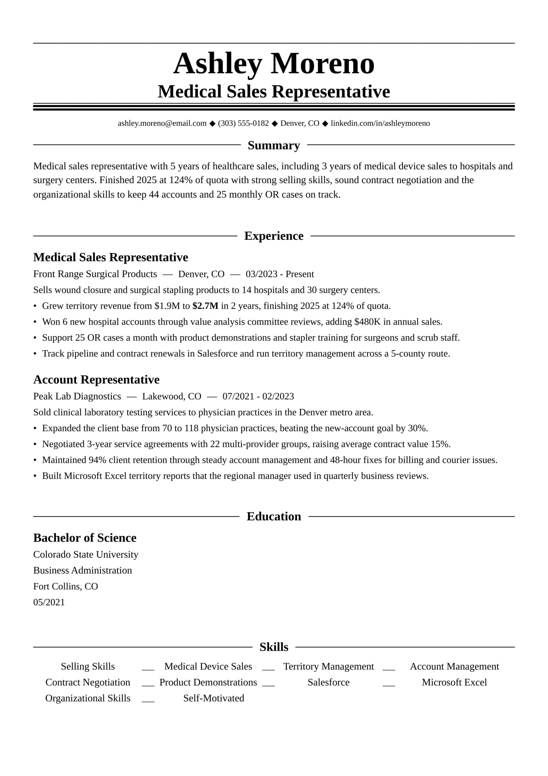 Medical Sales Representative resume example