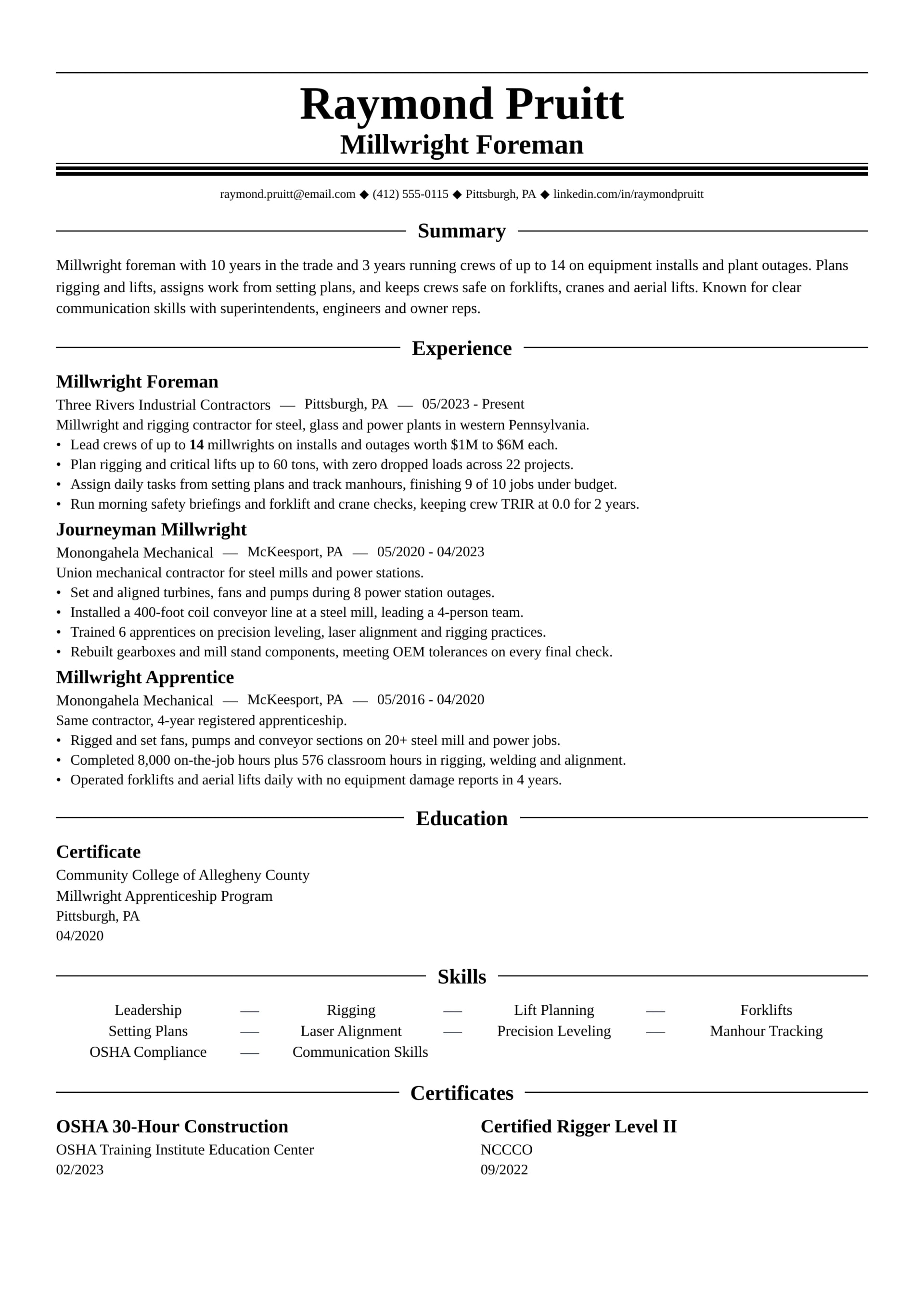 Millwright Foreman resume example